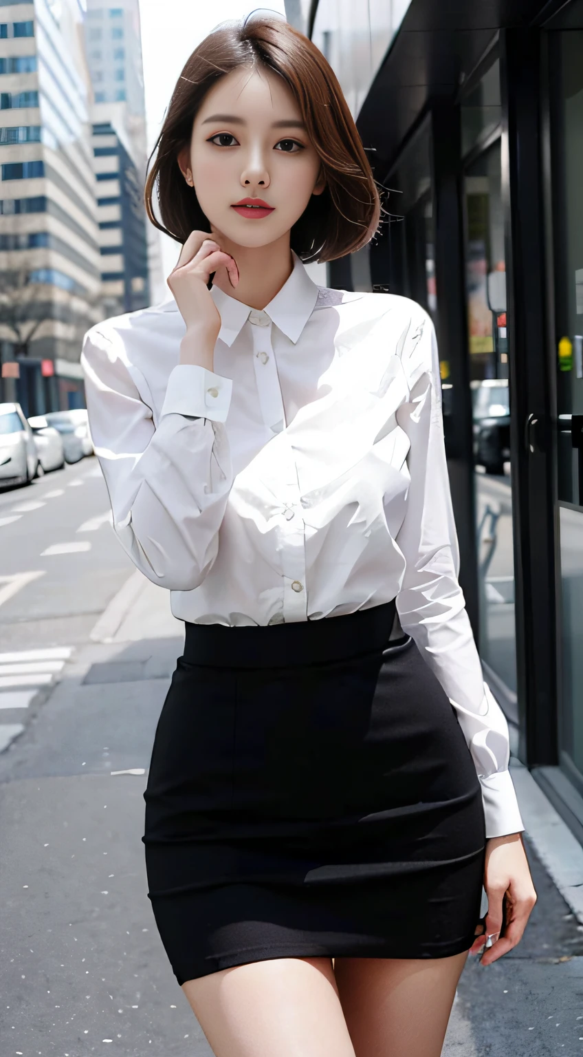 Beautiful Girl, (Pleated skirt lifting), ((Show panties)), looking in camera, Angle from below, Shy smile, a blond, ((of the highest quality, 16 K, masutepiece: 1.3)), Light on Face, hyperdetailed face, very detailed lips, Detailed eyes、Colossal tits、爆乳、Wearing a suit、Formalco Steume、At work、s Office、working in an office、A dark-haired、short-hair、Short black hair