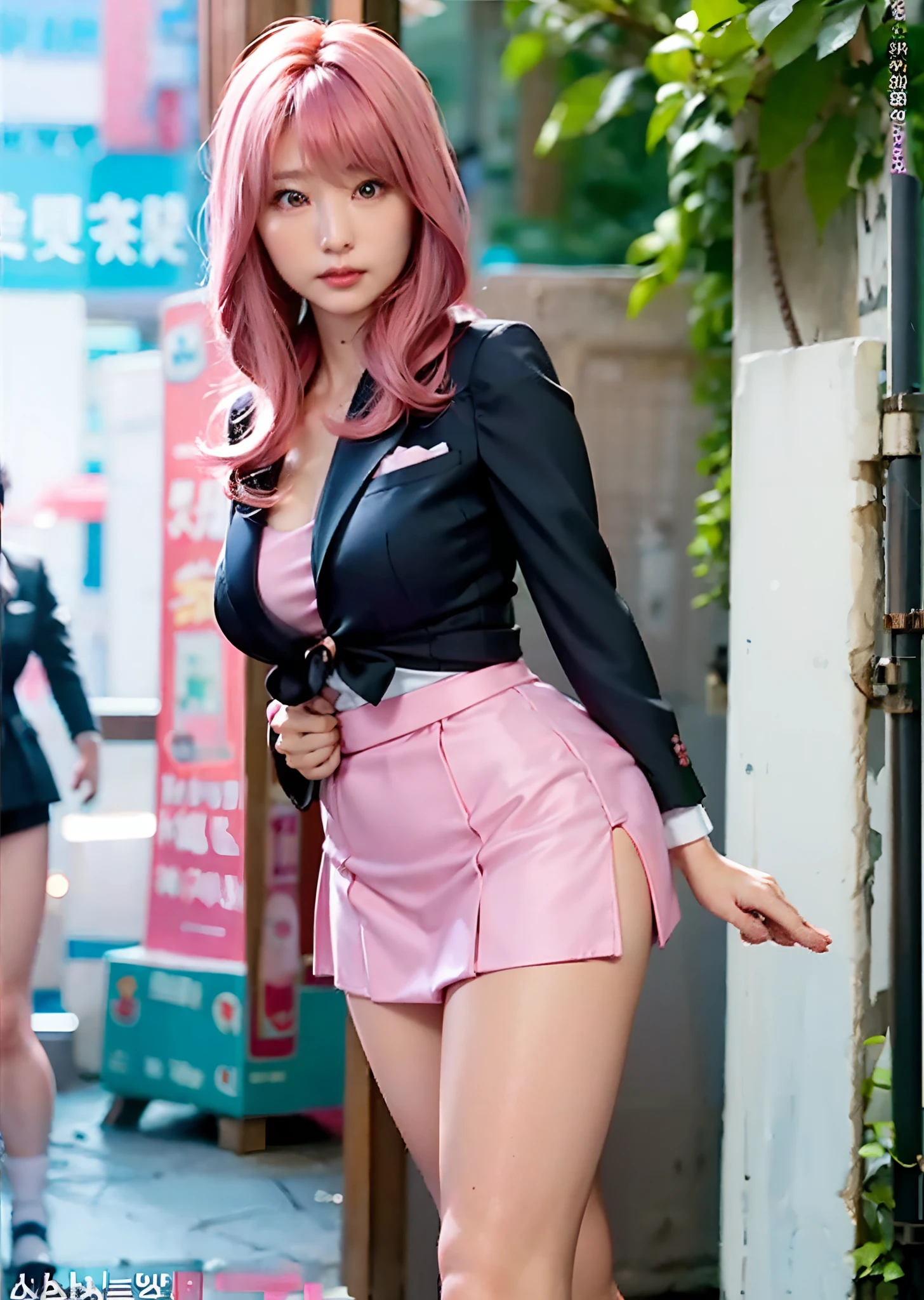 Pink hair woman walking down the street in a short skirt, very sexy costume, The skirt is flipped up and the shorts are visible、Wearing a strict business suit, real life anime girl, Anime girl cosplay, elegant glamourous cosplay, Sexy Outfit, wearing fashion suit, with a business suit on, well - dressed, wearing tight suit, Sexy look, Business attire, Wearing a business suit, Korean Girl