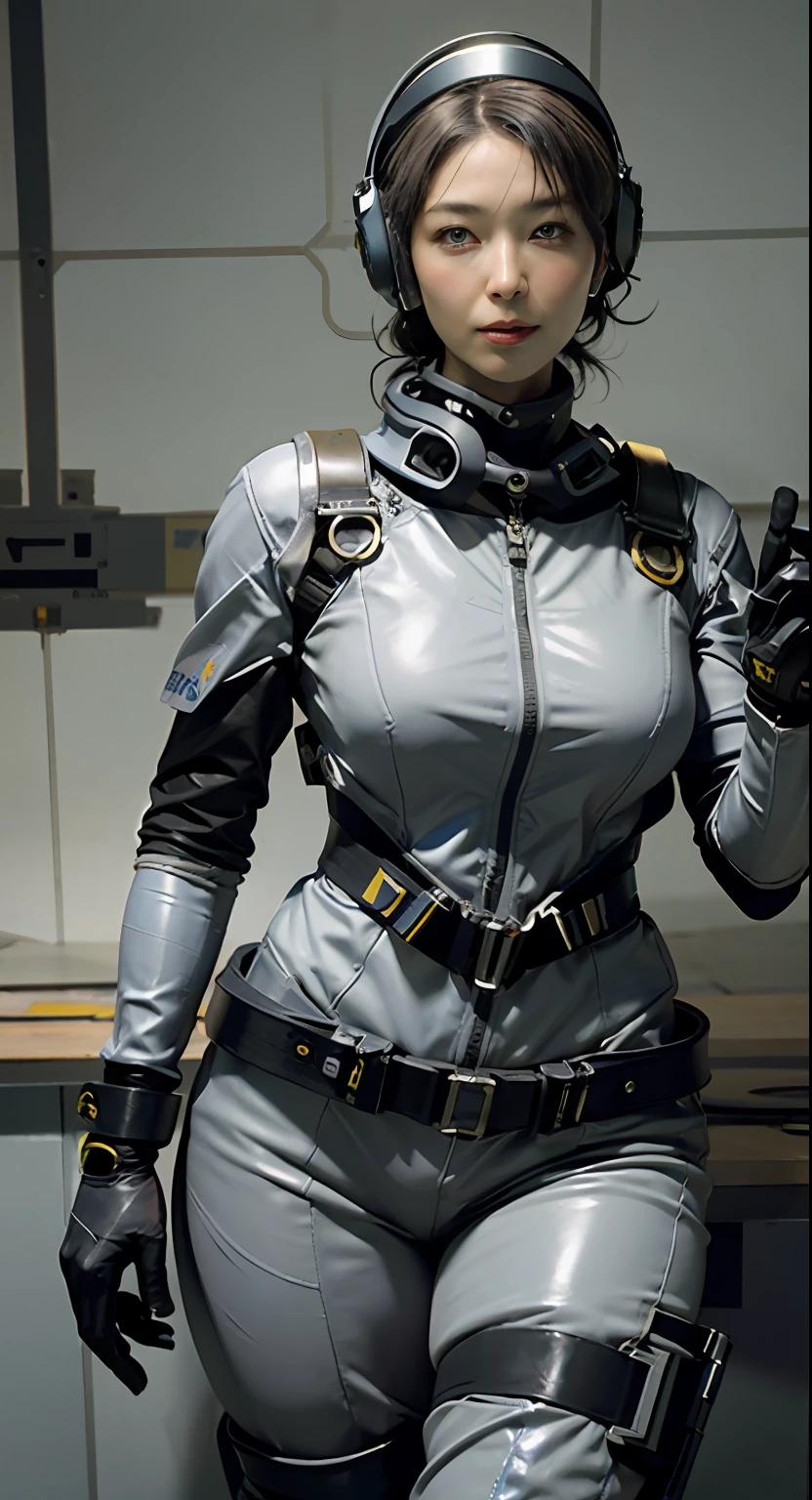 Highest image quality, outstanding details, ultra-high resolution, (realism: 1.4), ((full body:0.5)), the best illustration, favor details, highly condensed 1lady, with beautiful and a delicate face, (wearing racing suit likes police uniform, black and gray mecha, wearing high tech headset, military harness, holding a machinegun), captain, background simple grey wall,