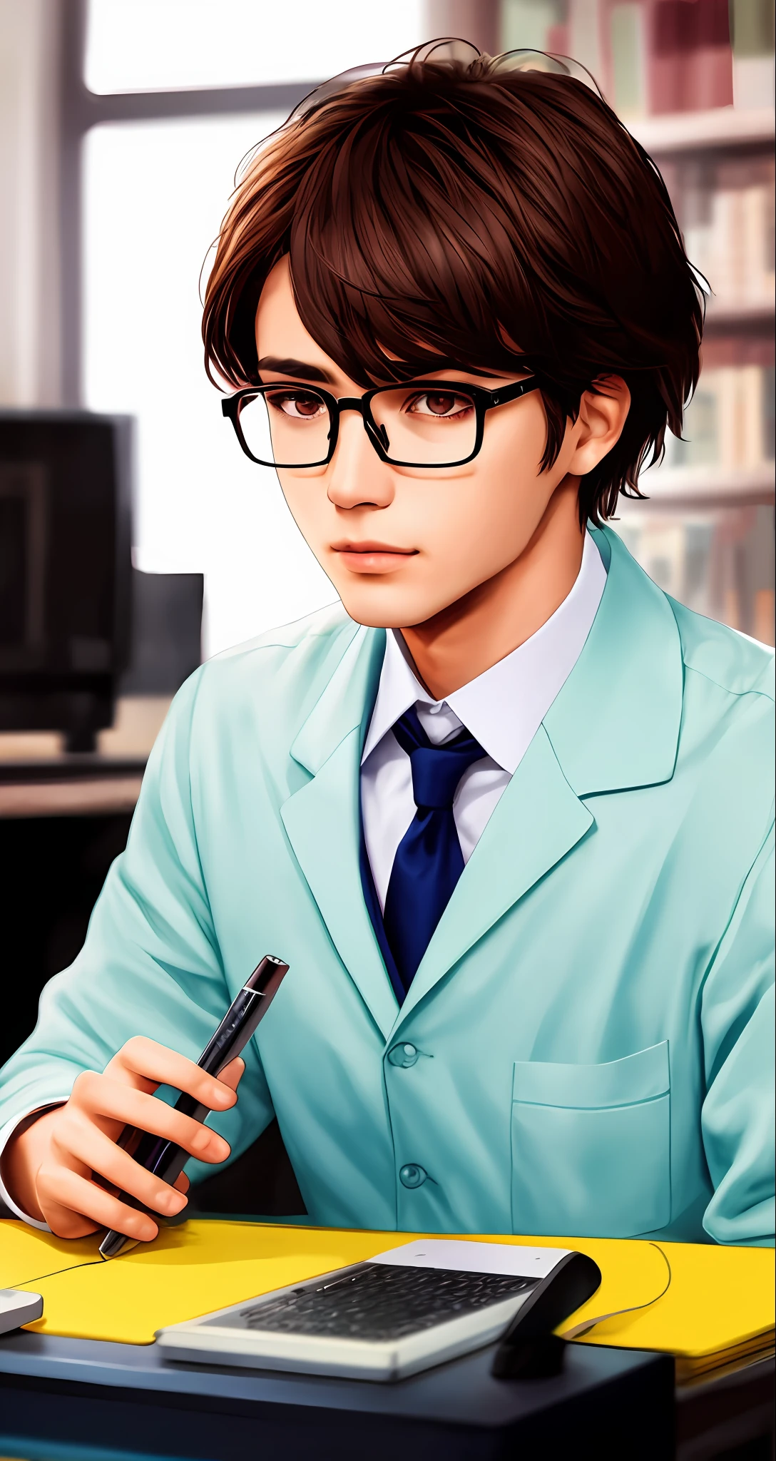 Glasses man，adolable，clever，brunette color hair，short detailed hair，Science，computers，Xueba，4K，schoolboy
