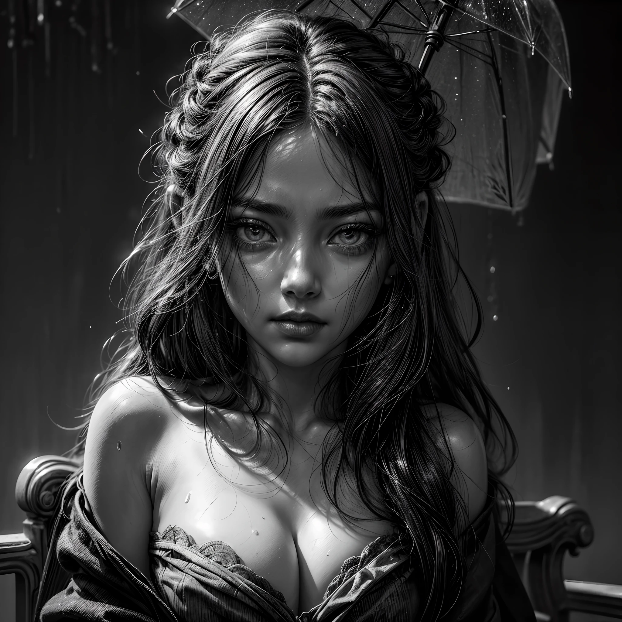 A zoomed-in view of a woman's face, captured in black and white, Rain in the background, her eyes gazing directly at the viewer with an intense expression, her features etched with a sense of mystery and allure, surrounded by wisps of fog, adding an ethereal touch, Sculpture, carved from marble, sitting on a bench