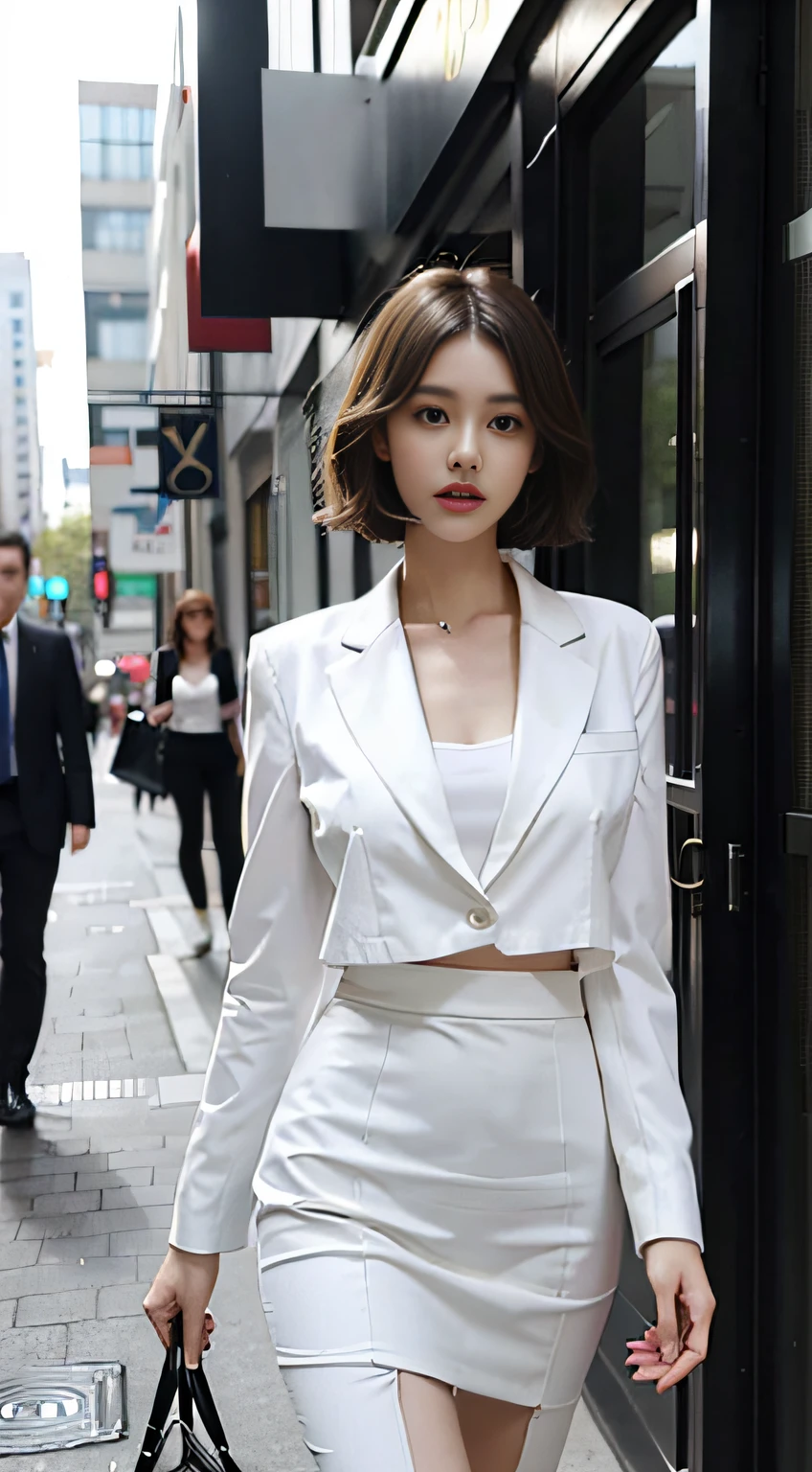 Beautiful female secretary、Business Wear、White blouses、Black tight skirt、slim figure、Oversized bust、Slim Girl Model、24歳の女性モデル、long legged、Alone in the city、short blonde hair,