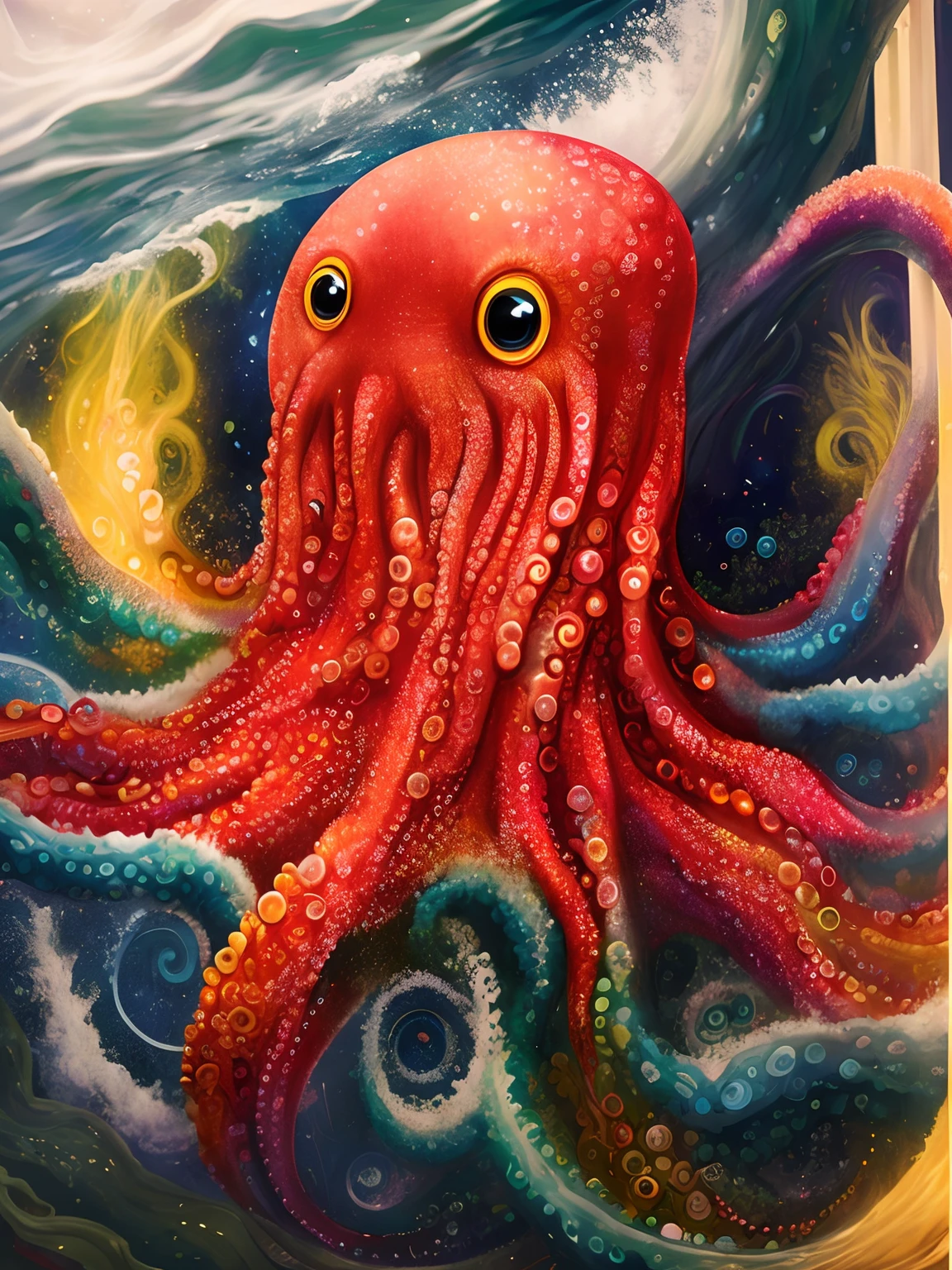 The octopus in the sea has a smile on its face, super nova octopus, vivid tentacles, anthropomorphic octopus, Beeple and Jeremiah Ketner, tentacles around, cthulhu rising from the ocean, cthulhu squid, tentacled creature mix, kaiju cephalopod, cyborg octopus, tentacles rising from the sea, highly detailed digital painting