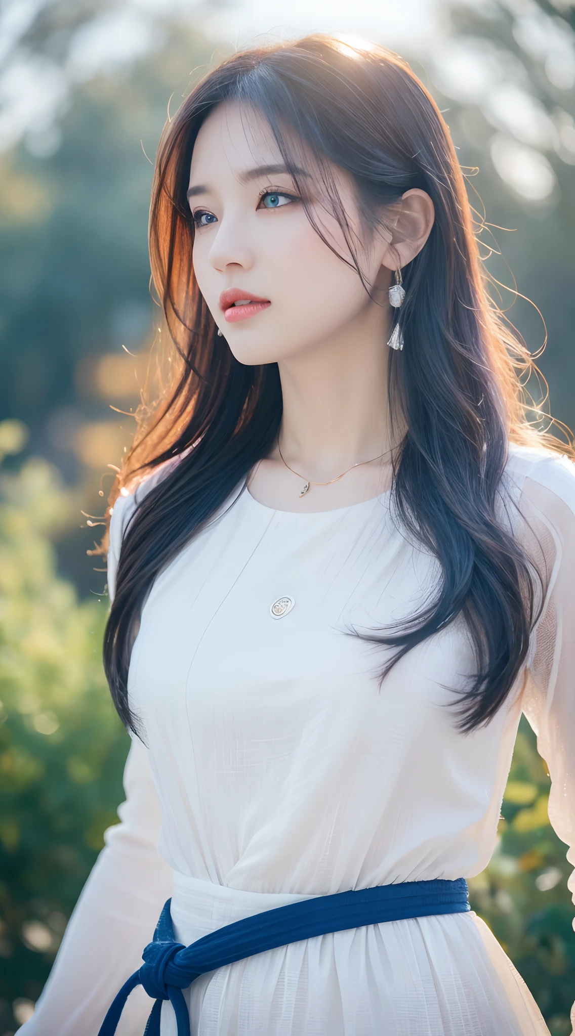 ((HD 8k wallpaper, exquisite and detailed, bright light, soft shadows)), floating, natural atmosphere, blue sky and white clouds, landscape (far or close), 1 female, blue eyes, colorful hair (gold: 1.2 + red: 1.1 + silver + purple + green: 1.3), white martial arts costume, necklace, dynamic pose, dynamic angle, natural water droplet, sky scene, watercolor style.