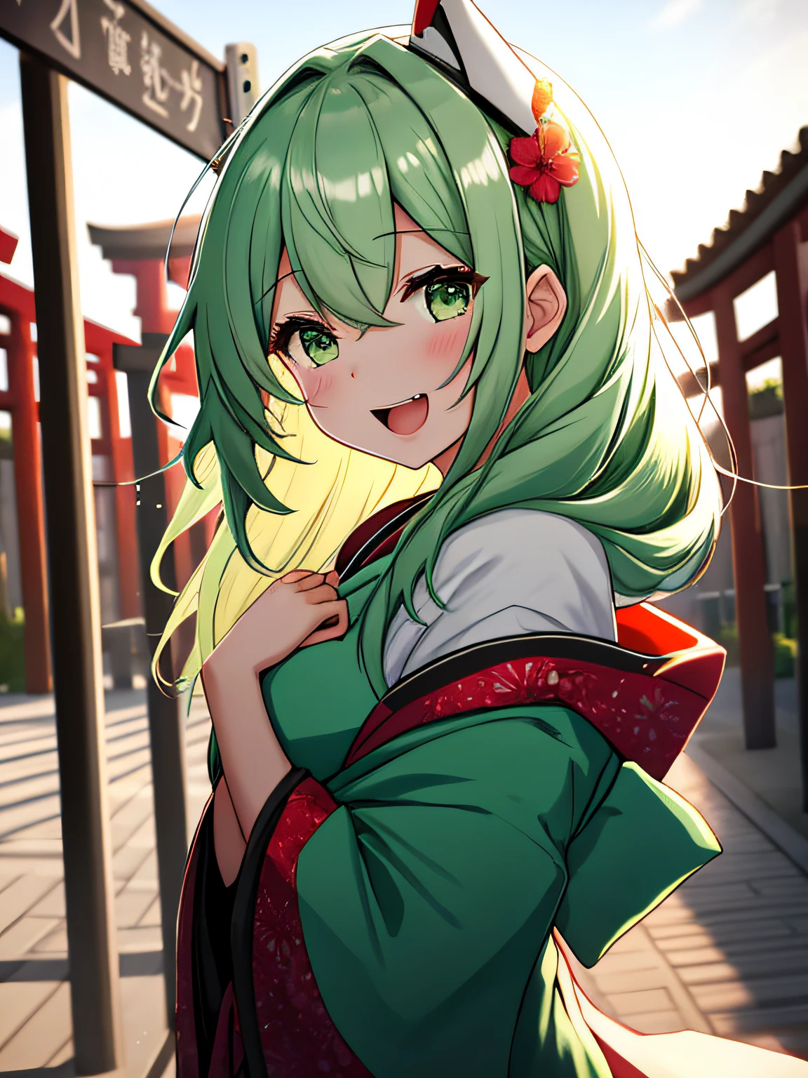 one-girl，Wear an off-the-shoulder kimono，The upper part of the body，（big laughter：1.1），（with her mouth open：1.1），（opens his eyes wide：1.2），Background bokeh，depth of fields，light particules，strong winds， （heart particles：1.1），Torii gate，8K high quality detailed art，Long light green hair