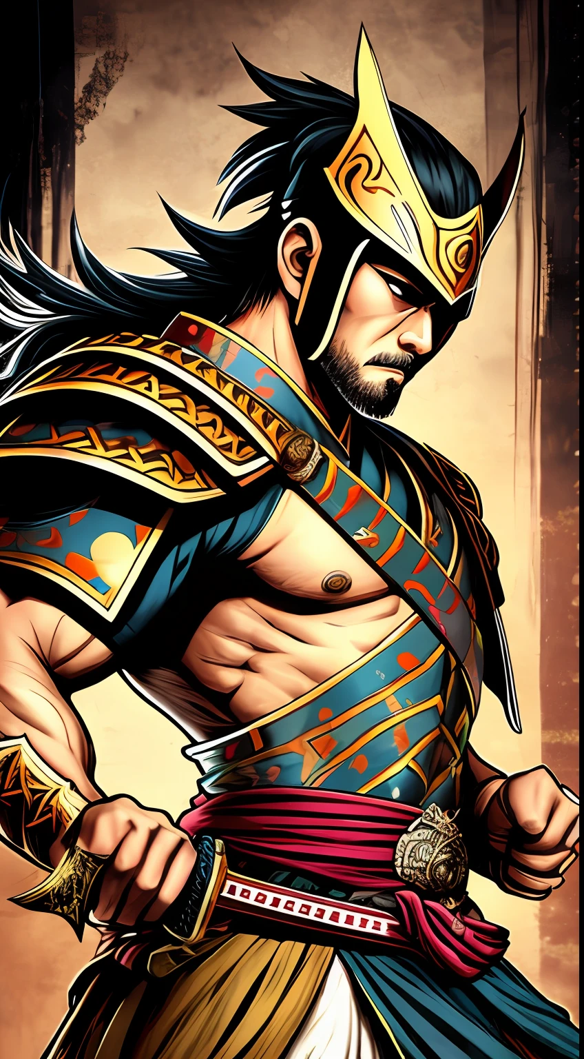 (8k), Ultra resolution 8K, Stunning illustration of a samurai warrior fused with a ninja warrior, Powerful Hero, Warrior Prince,Samurai costume fused with ninja style,Warrior Athletic Corps, armadura muy bien detallada,((sostiene una katana)), cinematic lighting,action pose, agregar efecto al final,Mythical background