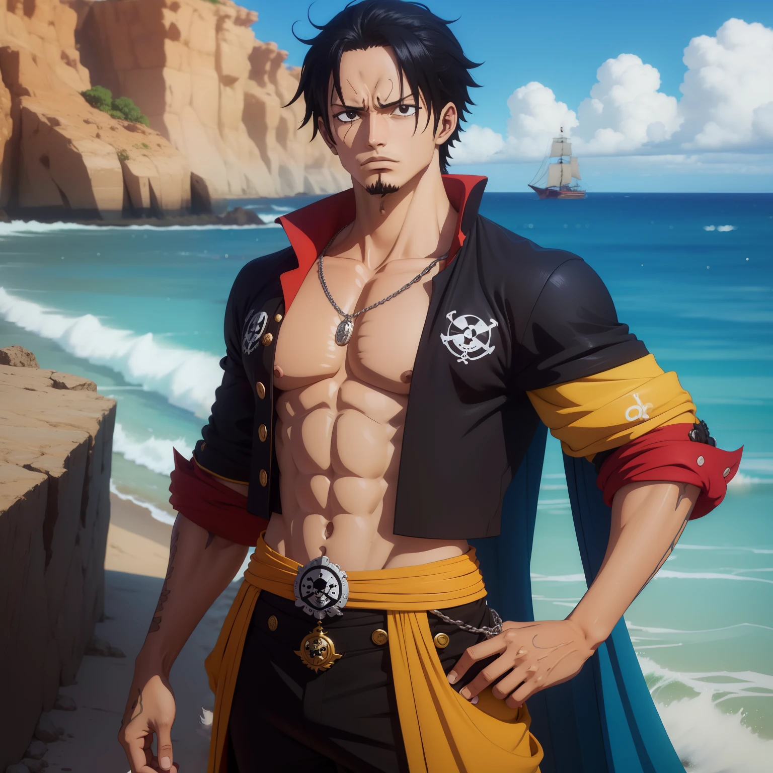 melhor qualidade, homem e mulher do lado um do outro, arte oficial, rei dos piratas e boa hancock com um mascote cobra amarela, arte de anime, navio pirata, mar, Captain and First Admiral