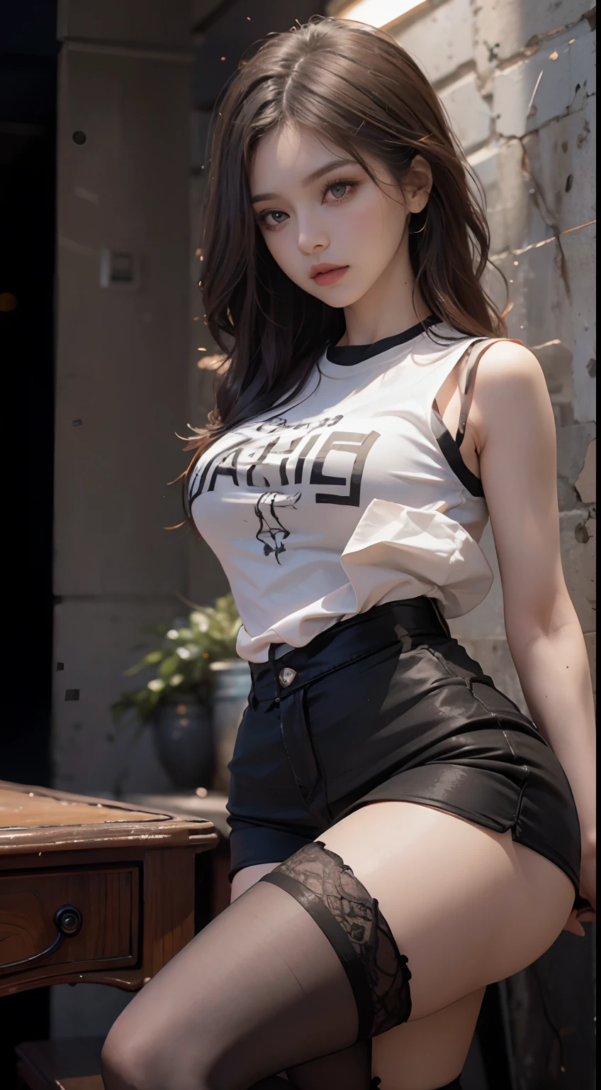 (masterpiece, realistic, high resolution), ((1 girl): 1.2), Korean, ((white wavy hair): 1.3), (heterochromic eyes: 1.1, thick eyebrows,), (white hoodie), ((medium breasts): 1.2, small waist, thigh), catwalk, masterpiece: 1.2, best quality), realism, (real pictures, rich detail details, depth of field), (1 girl, solo), makeup, high detail, perfect face shape, (: 1.4), (skin dents), thick thighs, wide hips, thin waist, high, coral, red lips, red eyes, ponytail (girls, shallow tulle, tulle transparent), (sweat: 1.2), (wet), sexy, blush, (shy expression), tank tops, suspenders, belly pockets, shorts, yoga pants, tight short skirts, tight shorts, stockings, fishnet socks, pajamas, pleated skirts, skirts, hip skirts, flowers on clothes,