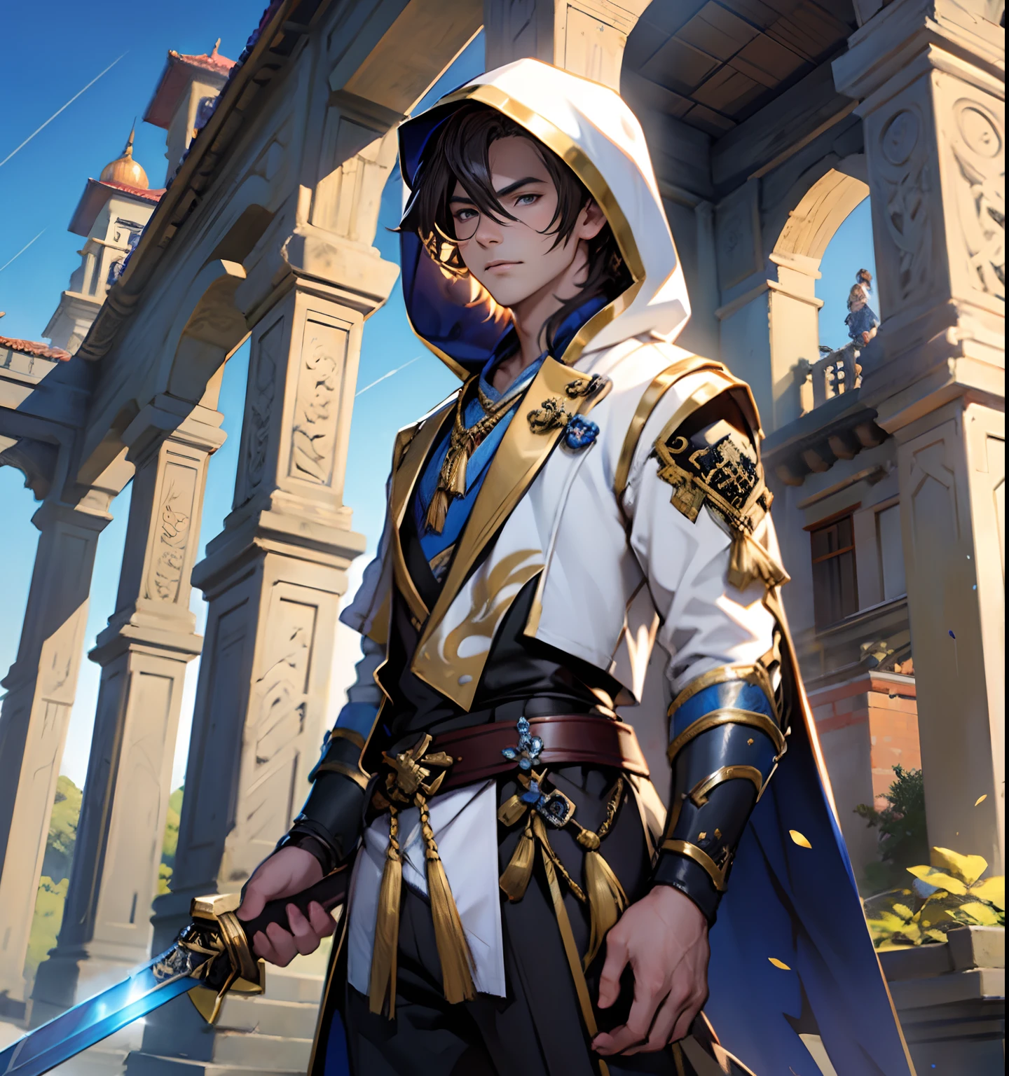 (Highest image quality, Extremely delicate)Oriental world style，Handsome brunette boy depicted in detail，Dressed in a Tang costume，Wearing a hood，It has a black-gold bracer，Grim expression，There is a leather belt，At the waist were two muskets and a long sword，The background is the blue sky and the light of the sun，Dotted with ancient buildings，Full panoramic presentation，The picture quality reaches 8K level。com rosto detalhado，The movements are natural and fluid