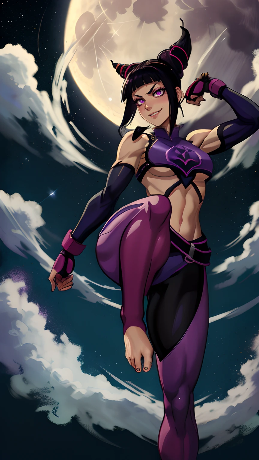 [juri], [(street fighter 6)], ((masterpiece)), ((solo portrait)), ((cinematic)), ((high quality)), ((High definition)), ((anime)), ((detailed shading)), ((cinematic lighting)), {woman; (beautiful purple eyes, short eyelashes, short black hair, blue highlights in hair, (small boobs), (defined legs muscles), (beautiful feet), (smug smile)}, {barefoot}, {(dynamic pose), (leg up)}, [Background; (starry sky), (full moon)]