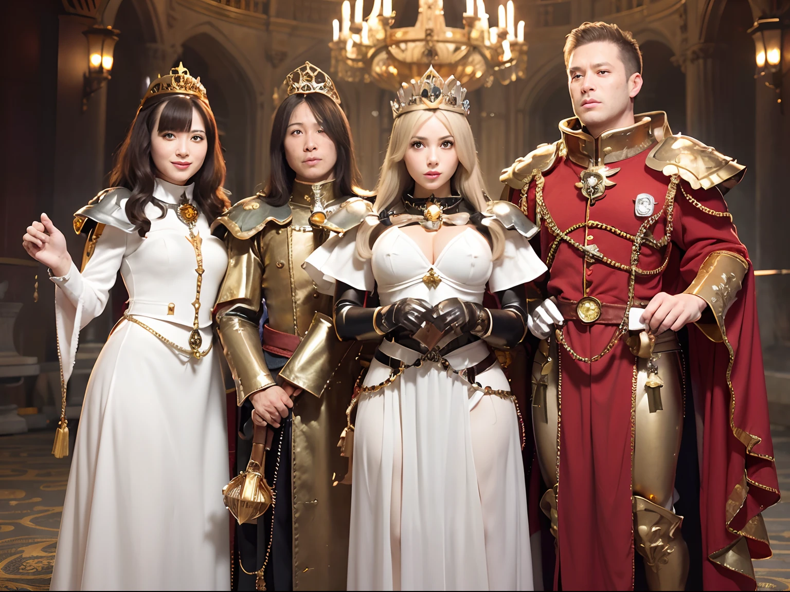 (masutepiece), Professional , masterpiece、top-quality、photos realistic , depth of fields (Gemstone Silver Metal Body:1.9),(Matte White、Particles of light、Jewel Gold Weapon、(Gorgeous castle background)、(Jewel Metal Body:1.4),Gorgeous Jewel Metal Weapons , Detailed Sword of the Brave ,( Soldier background in metal armor) ,warhammer 40k , adepta sororitas,Detail and ornate jewel crown、独奏、Brown hair、(Gangle's forest background)、Beautiful Caucasian beauty、1a person、dynamic ungle,(((Diamond tiara with detail and luxury)))、a small face、A smile、Powerful poses、(Gorgeous castle background)、huge filesize、20 year old beautiful woman、Stand in the center of the screen、Thin female fingers、Straight long hair、