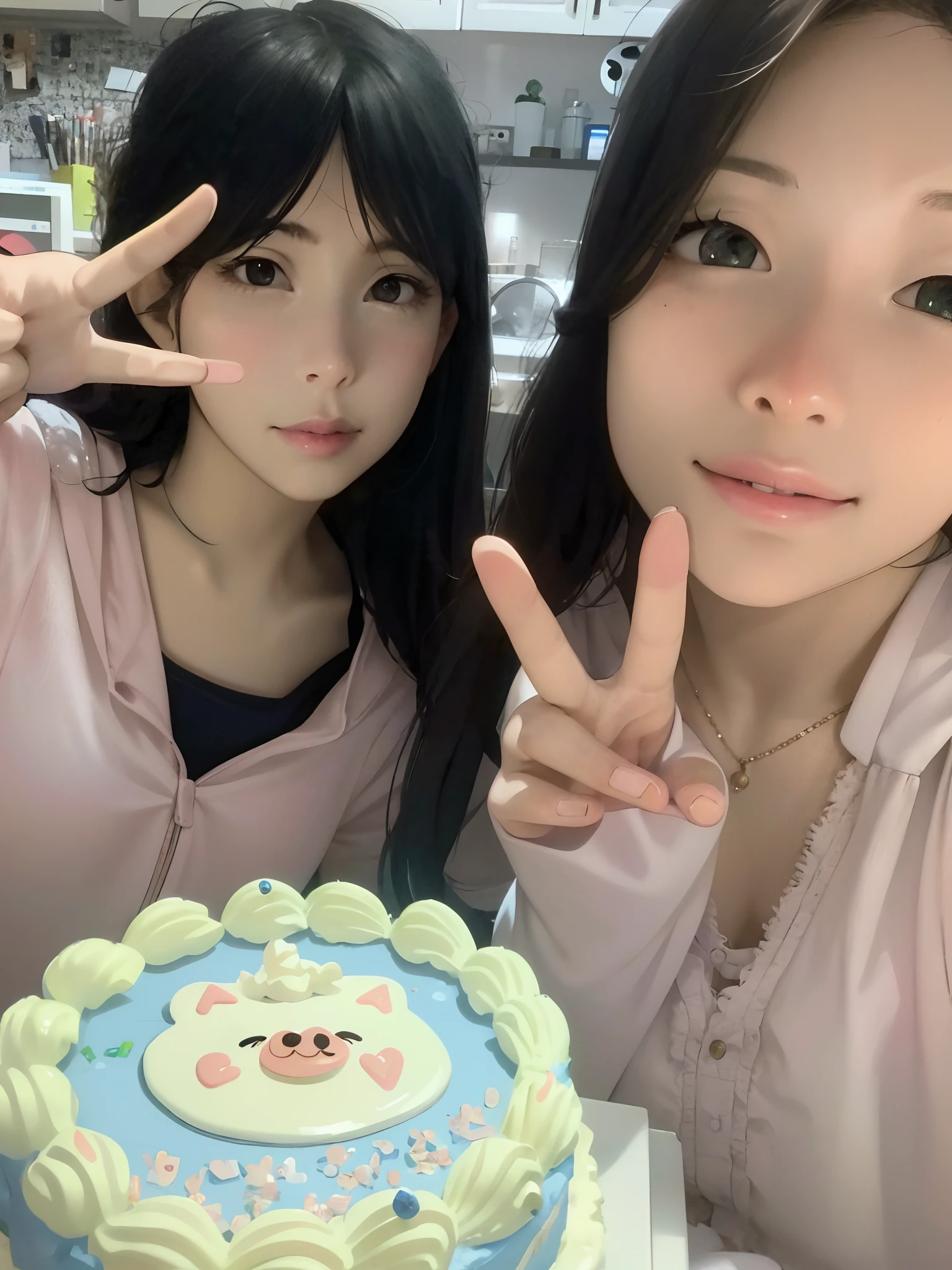 JPG, Pixar style, high quality,girl,unique, cute and beautiful, super detail,sweet smile8k impressive style --ar two lovely girls, holding cakes, pose for photos than scissors hands