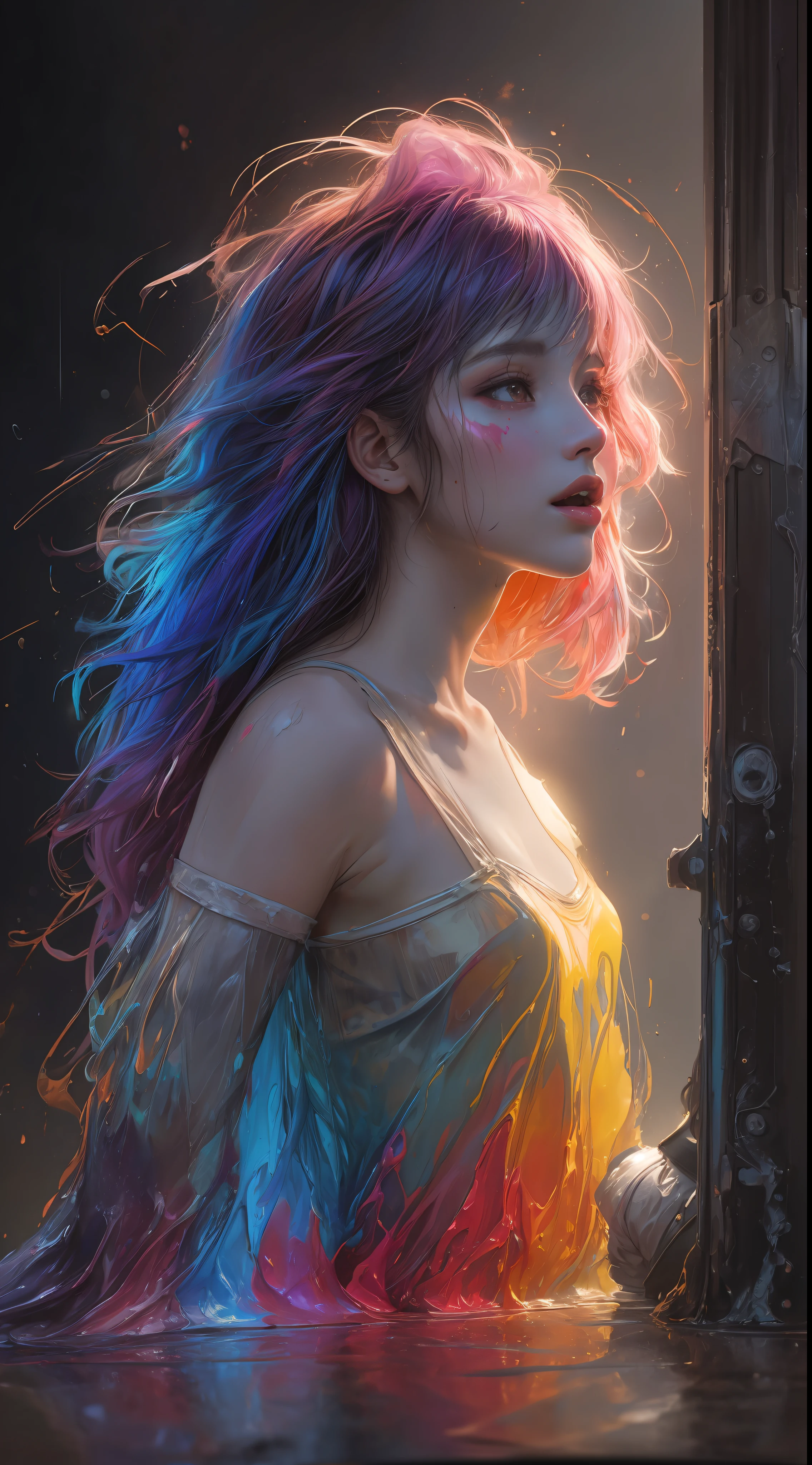 (level difference:1.8),(Paint colliding and splashing on the canvas),(depth of field),1girl's side face blends into it,(side face),open mouth,(liquid paint rainbow hair:1.1) made of paint and defies gravity,thick flowing,(paint splatter:1.3),Liquid state,stunningly beautiful, masterpiece, detailed background,ultra high quality model, ethereal background,abstract beauty, explosive volumetric, oil painting,heavy strokes,Romantic lighting,Sub-Surface Scatterring,lens 135mm,f1.8,glow,8k,high resolution, dreamy,ray tracing,hdr,god rays,