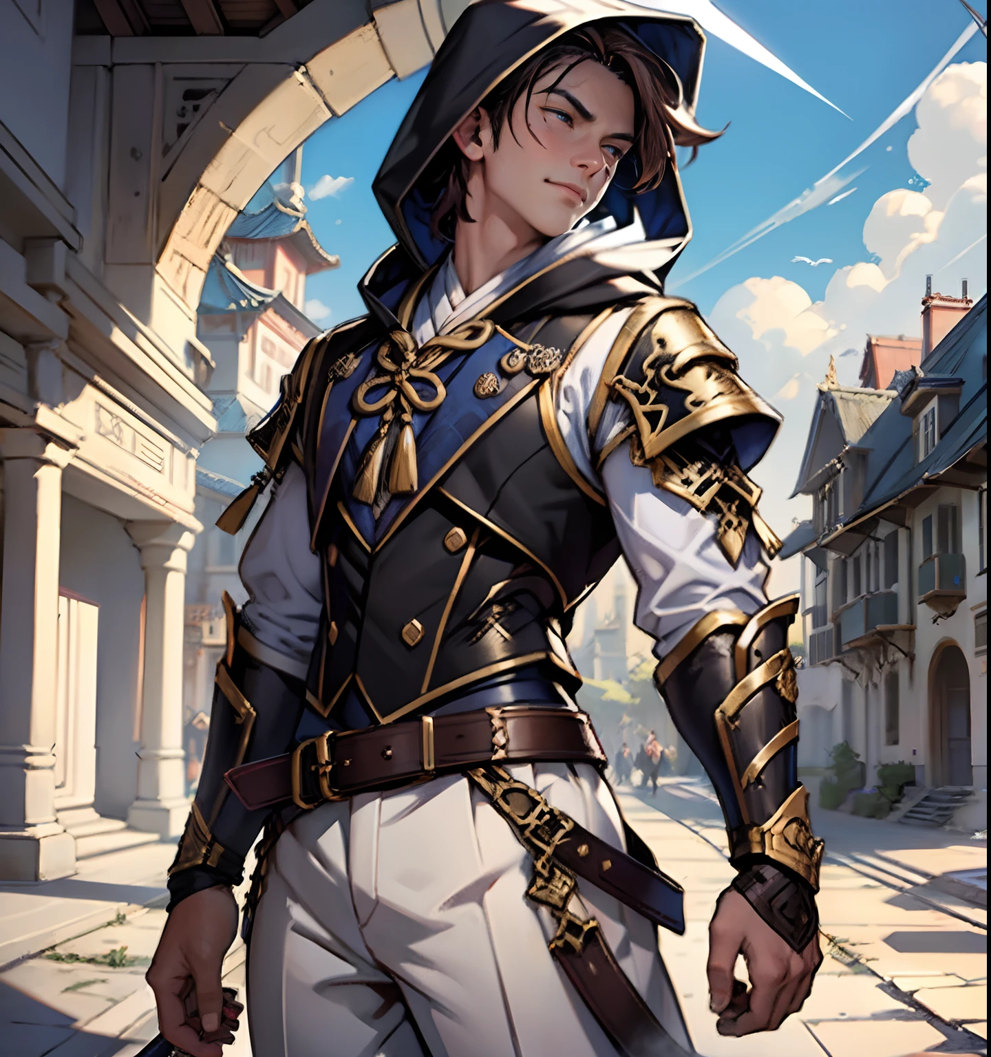 (Highest image quality, Extremely delicate)Oriental world style，Handsome brunette boy depicted in detail，Dressed in a Tang costume，Wearing a hood，It has a black-gold bracer，Grim expression，There is a leather belt，At the waist were two muskets and a long sword，The background is the blue sky and the light of the sun，Dotted with ancient buildings，Full panoramic presentation，The picture quality reaches 8K level。com rosto detalhado，The movements are natural and fluid