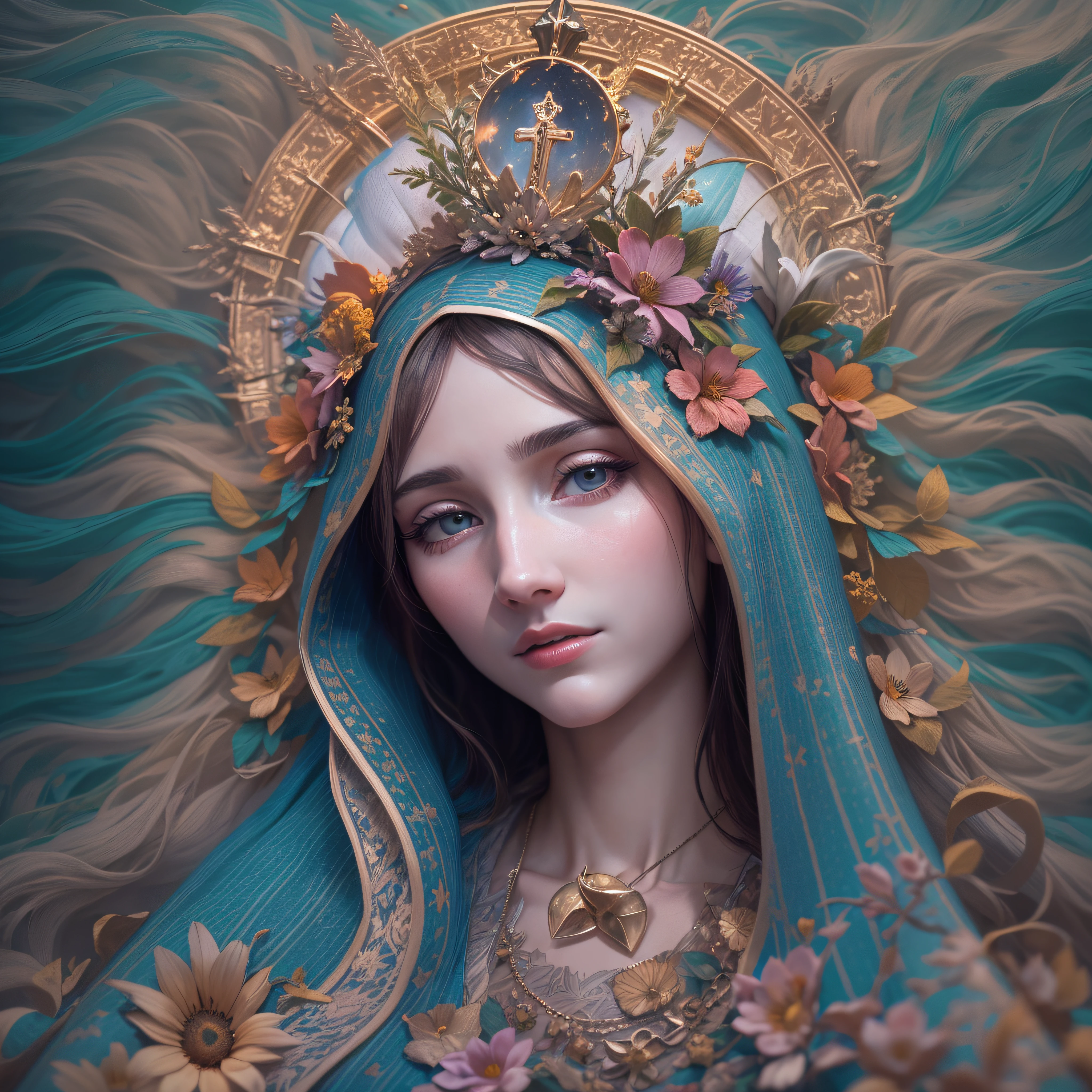 Our Lady Mother of Jesus hyper-detailed with Christian symbols, The night with full moon on a beach of white sand and tubular waves with the blue mantle on the head and many multicolored flowers, fotografia, soft-lighting, detalhes suaves, octana, Artstation Trend, ultra alto detalhe, Ultra realista, cinemactic, 16k, Imagem com pelo menos 300dpi, fundo preto, lighting to highlight the background figure