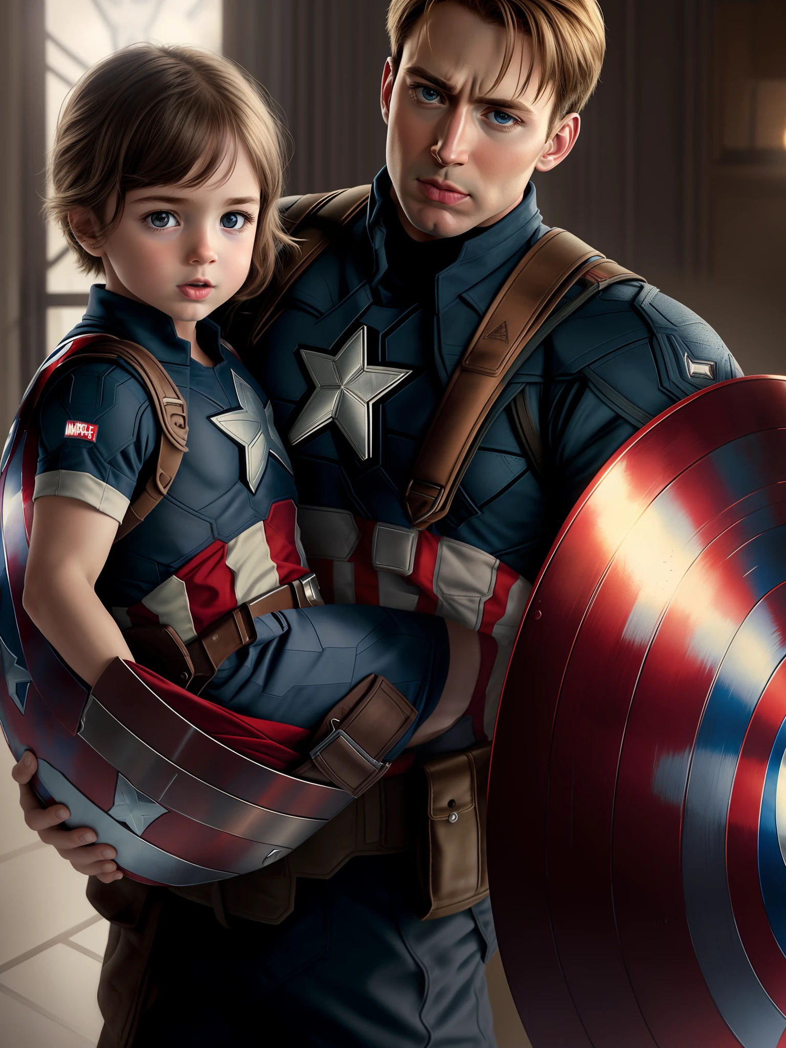 ((("Captain America Carrying His Child Photo")))
Subject: A touching photograph capturing Captain America, the revered superhero, affectionately carrying his child in his arms.
Type of Image: Photograph.
Environment/Background: American flag as a backdrop, symbolizing patriotism and heroism.
Character's Expression: Captain America's determined yet caring expression as he holds his child close.
Camera: Close-up.
Shot: Front view.
Lighting: Soft and warm light creating a heartwarming ambiance around Captain America and his child.
Resolution: High-resolution image suitable for print.

Camera Lens: 50mm.
View: Front view.
Camera Angle: Slightly lower angle to emphasize Captain America's stature and the bond with his child.
Lighting: Soft light highlighting the details of Captain America's uniform and his child's features.
Resolution: 4K or higher.