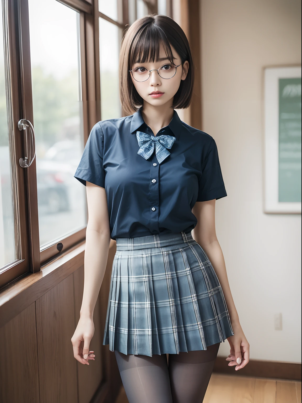 (Long bob cut),(Light blue bra shows through),（8K、Raw photography、top-quality、​masterpiece：1.2),glamor,Chromo-white skin,cocky,School,watching at viewers,Looking at the front,Muchimuchi,Erotic,Pupils,de pele branca,kne,Student Bag((Black pantyhose)),absurderes,a small face,small tits,flat breast,Parting the bangs from the middle、Forehead visible,(a cold expression,Tight eyes,glares,Bullish,skinny,Rasping,irate)、​masterpiece,top-quality、超A high resolution,Raw photo,ren,Beautiful fece,One Person, 独奏,eye glass,,Dark look,Small breasts,fullllbody,Round glasses,JK school uniform,hi-school girl,A Japanese Lady,is standing,（Photorealsitic：1.37）、Photon mapping,Realistic、Beautie,Cute little face,Brown-eyed、Black socks、(Red bow tie)、Radio City、Physically Based Rendering、depth of fields、Blurry background、a picture,Body,beauty legs, Long legs, Thin leg,(Bangs are visible), hair, s lips, Blue_The eye, nosesoft,(Light blue shirt), (Navy and blue and white plaid pleated skirt), Knees are visible,Sheer clothing,, Thigh, Black cotton socks,Nogizaka Idol, 女優, Japanese ido