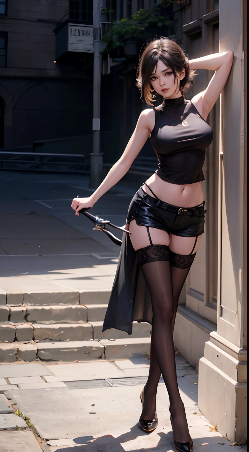 27 year old white woman、platinum-blonde、blue eyess、Longhaire、My hair is wavy、accessories on the wrist、wearing a choker、a smile、The navel is out、huge tit、My abs are cracked、slim muscular body、I don't want my head to disappear from the screen.、I'm punching my chest、Shiny skin、She's wearing a black T-shirt that shows her underboob.、I'm wearing black leggings、I'm wearing high heels、Have a clutch bag、standing against an old concrete wall、wearing long black gloves
