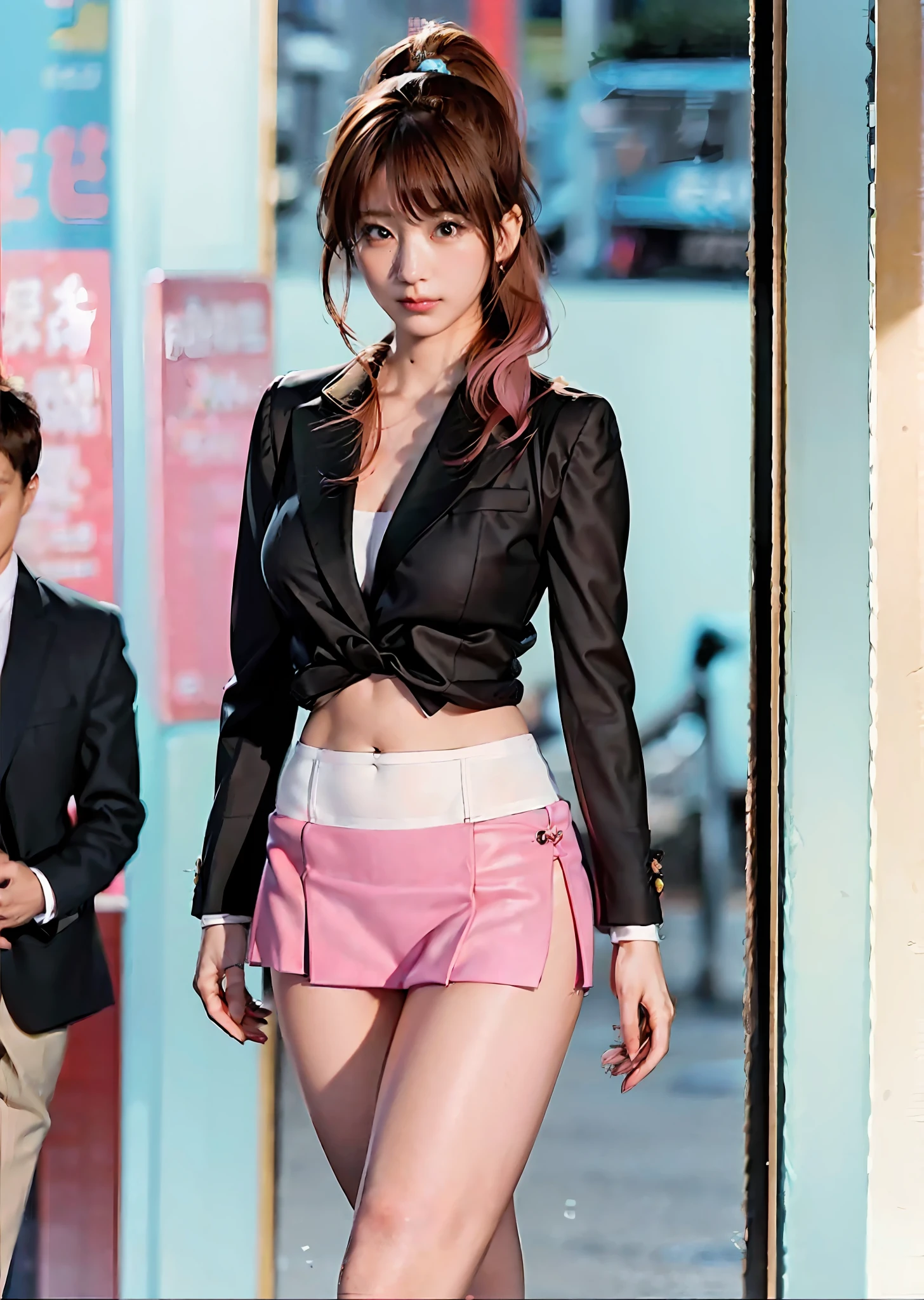 Pink hair woman walking down the street in a short skirt, very sexy costume, The skirt is rolled up.、Shorts are visible、flaxen ponytail、sleeve less、Beautiful navel、Beautiful facial features、Beautiful udder、beautiful thigh、Wearing a strict business suit, real life anime girl, Anime girl cosplay, elegant glamourous cosplay, Sexy Outfit, wearing fashion suit, with a business suit on, well - dressed, wearing tight suit, Sexy look, Business attire, Wearing a business suit, Korean Girl
