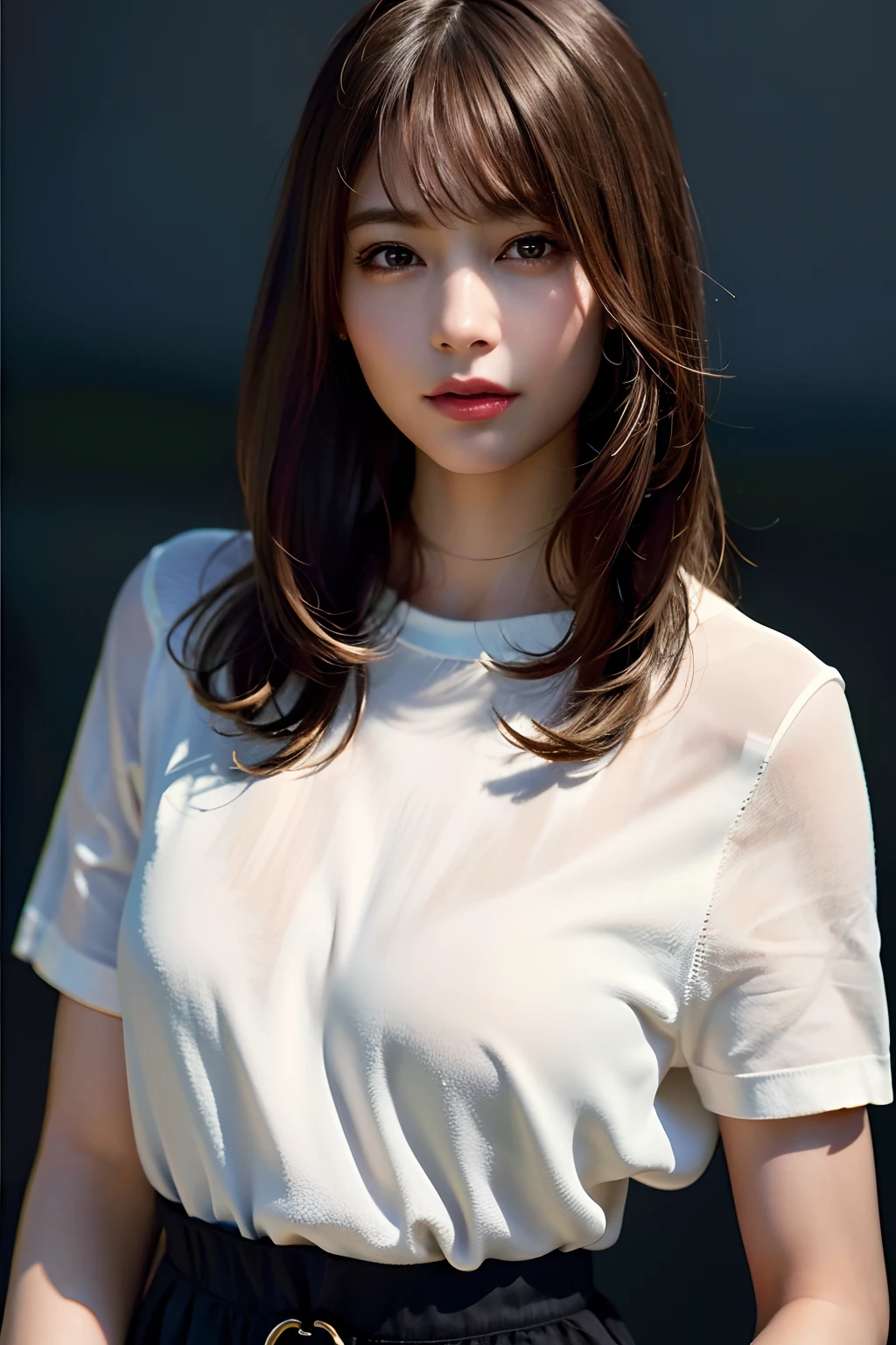 (8k, RAW photo, best quality, masterpiece:1.2), (realistic, photo-realistic:1.37), ultra-detailed, ultra high res,1 girl,looking at viewer,beautiful detailed face,smile,narrow,(slim waist:1.3),shirt, beautiful detailed skin, skin texture, floating hair,professional lighting,