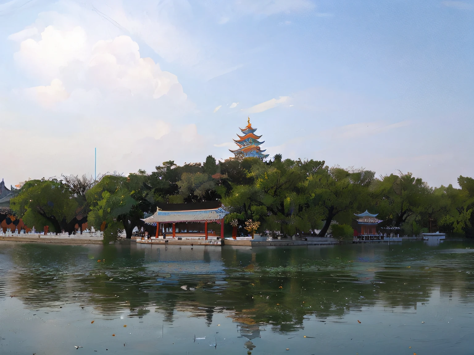 The White Pagoda in Beihai Park, Beijing，Reflected on the lake，with blue sky and white clouds，There are children paddling boats on the lake，Close-up weeping willows