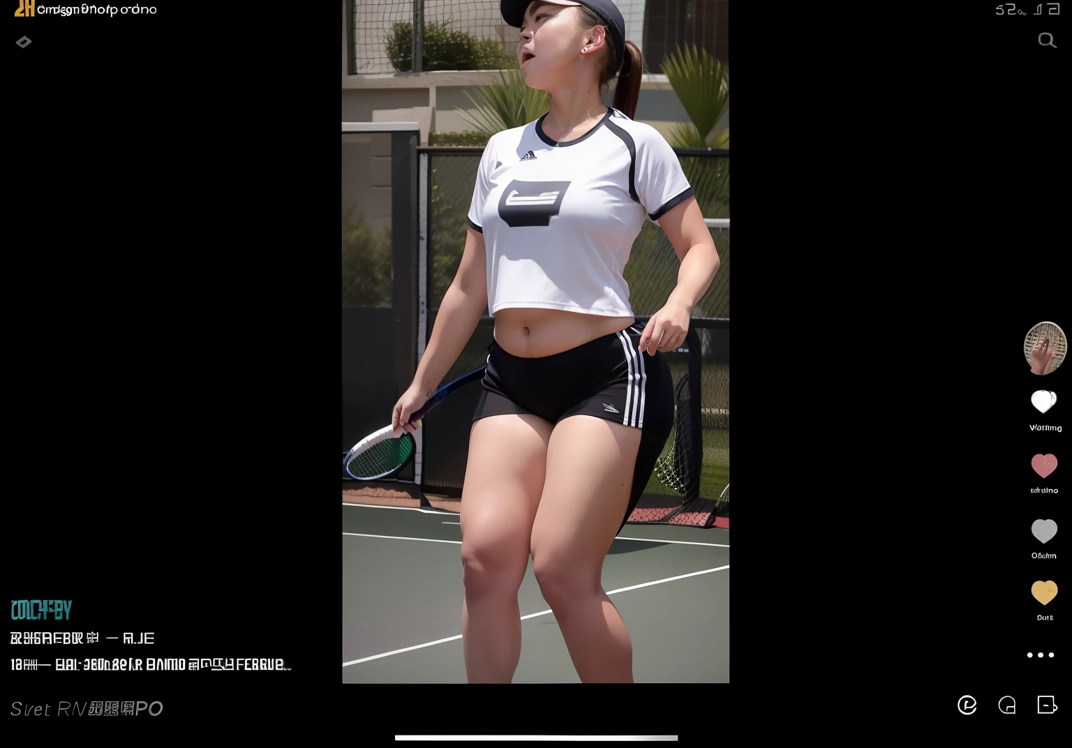 There was a woman playing tennis on the court, 19-year-old girl, is wearing a shorts, wearing a tights, she has a jiggly fat round belly, young and cute girl