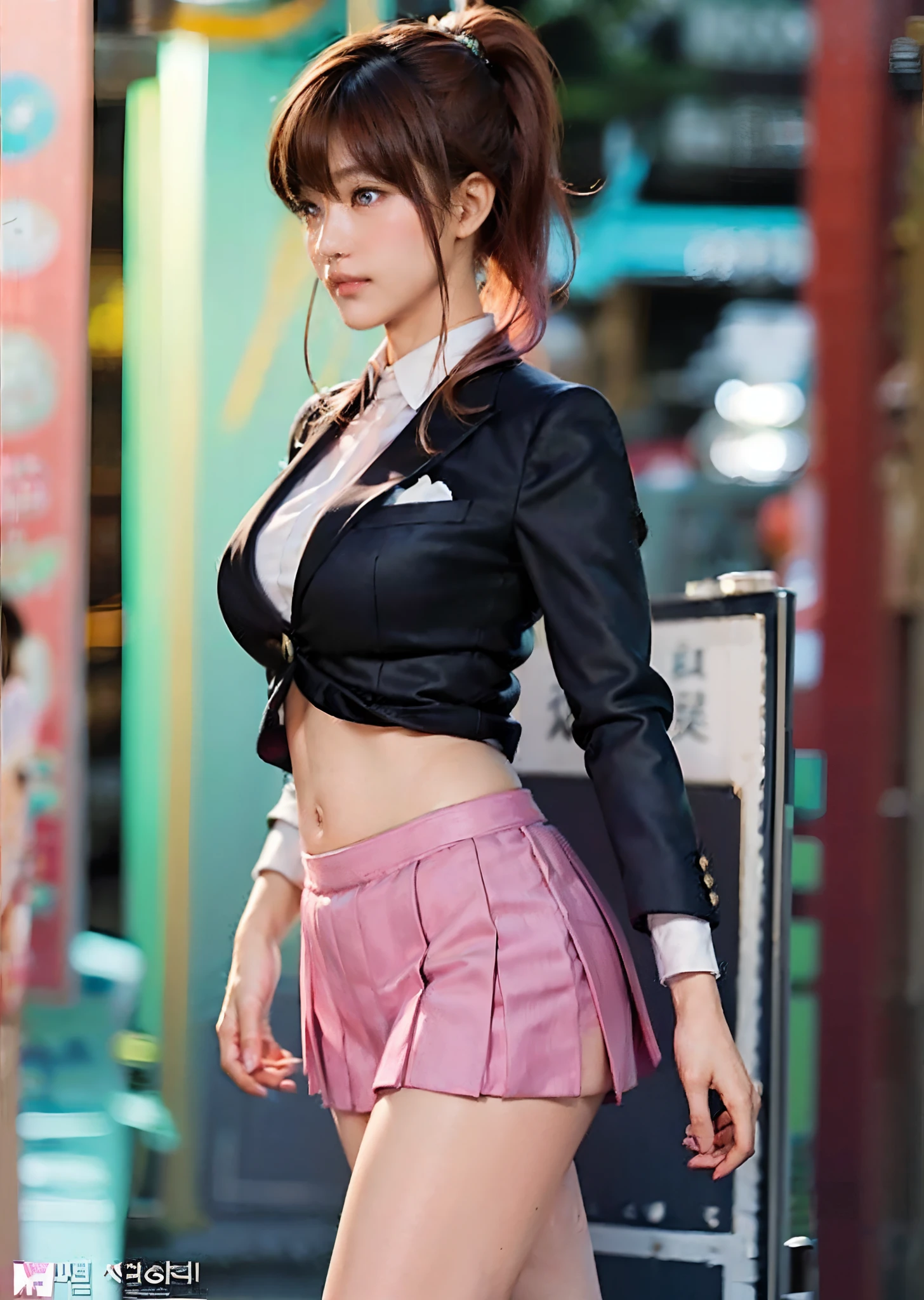 Pink hair woman walking down the street in a short skirt, very sexy costume, The skirt is rolled up.、Shorts are visible、flaxen ponytail、sleeve less、Beautiful navel、Beautiful facial features、Beautiful udder、beautiful thigh、Wearing a strict business suit, real life anime girl, Anime girl cosplay, elegant glamourous cosplay, Sexy Outfit, wearing fashion suit, with a business suit on, well - dressed, wearing tight suit, Sexy look, Business attire, Wearing a business suit, Korean Girl