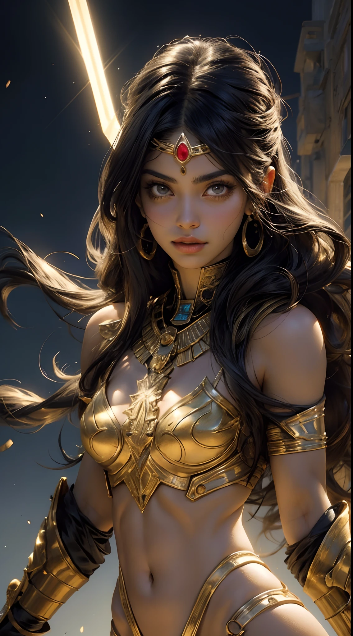 Beautiful Egyptian cybernetics girl looking at camera in underwear detailed muscles realistic masterpiece, Pose ativa, Action Pose, luz LED, Gold Parts, franja, cabelo curto, vista traseira, costas