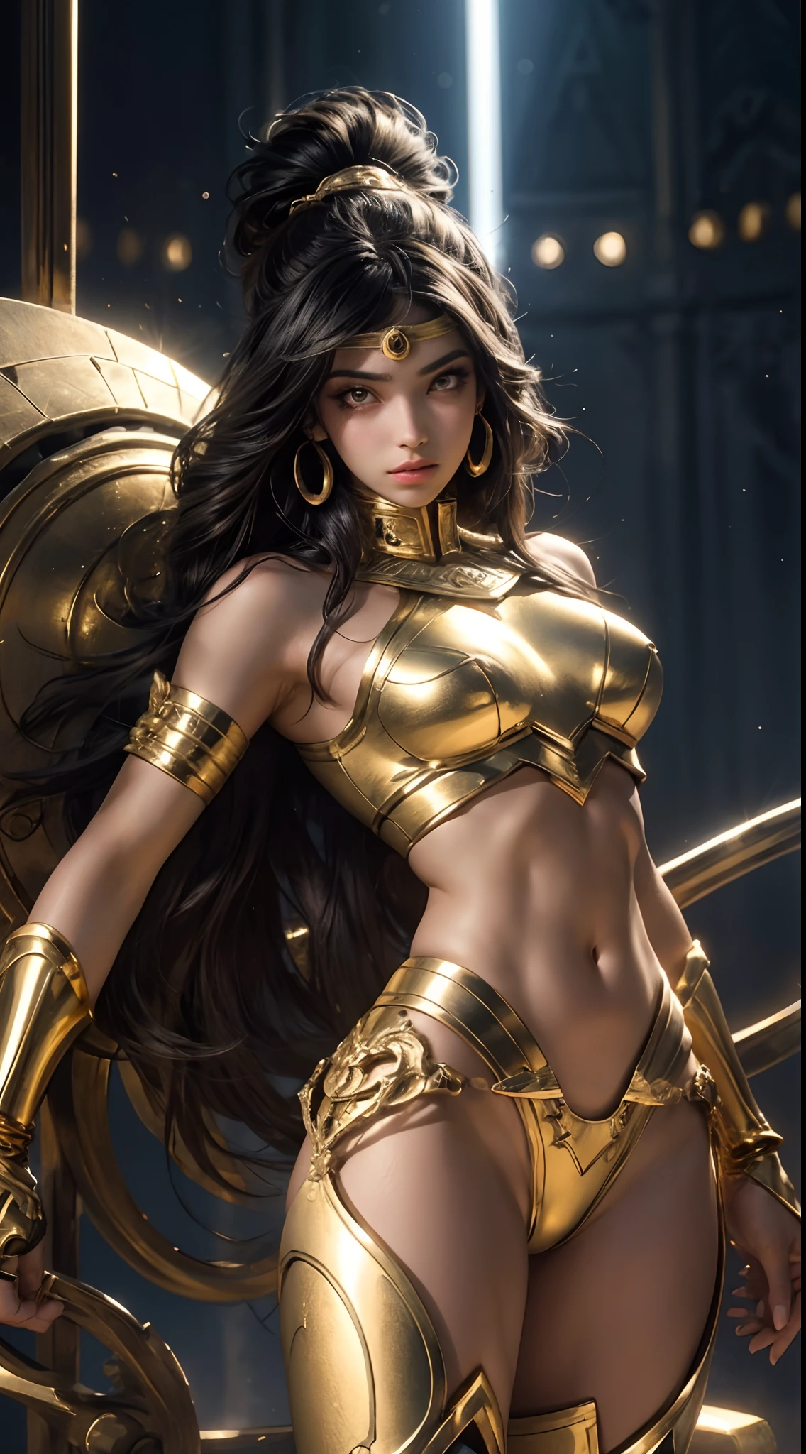 Beautiful Egyptian cybernetics girl looking at camera in underwear detailed muscles realistic masterpiece, Pose ativa, Action Pose, luz LED, Gold Parts, franja, cabelo curto, vista traseira, costas