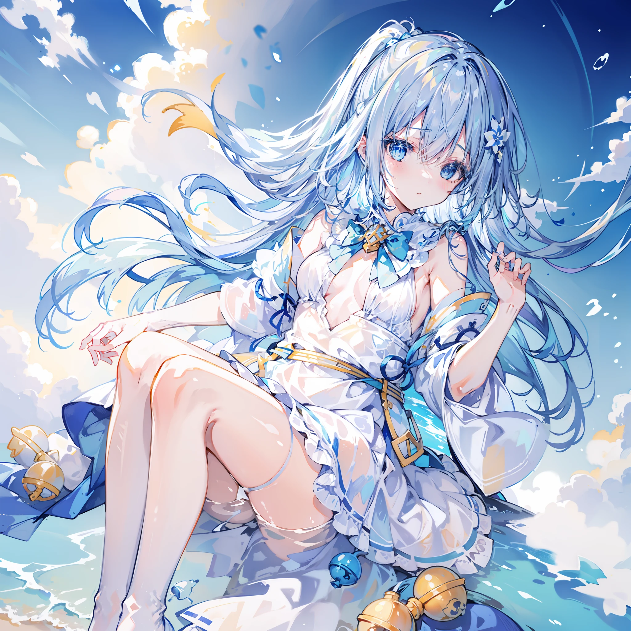 Against the background of the element of water,Light blue double ponytail hair,Yellow bells hang from his hair,Blue and white clothes with milk,Cute cute girl