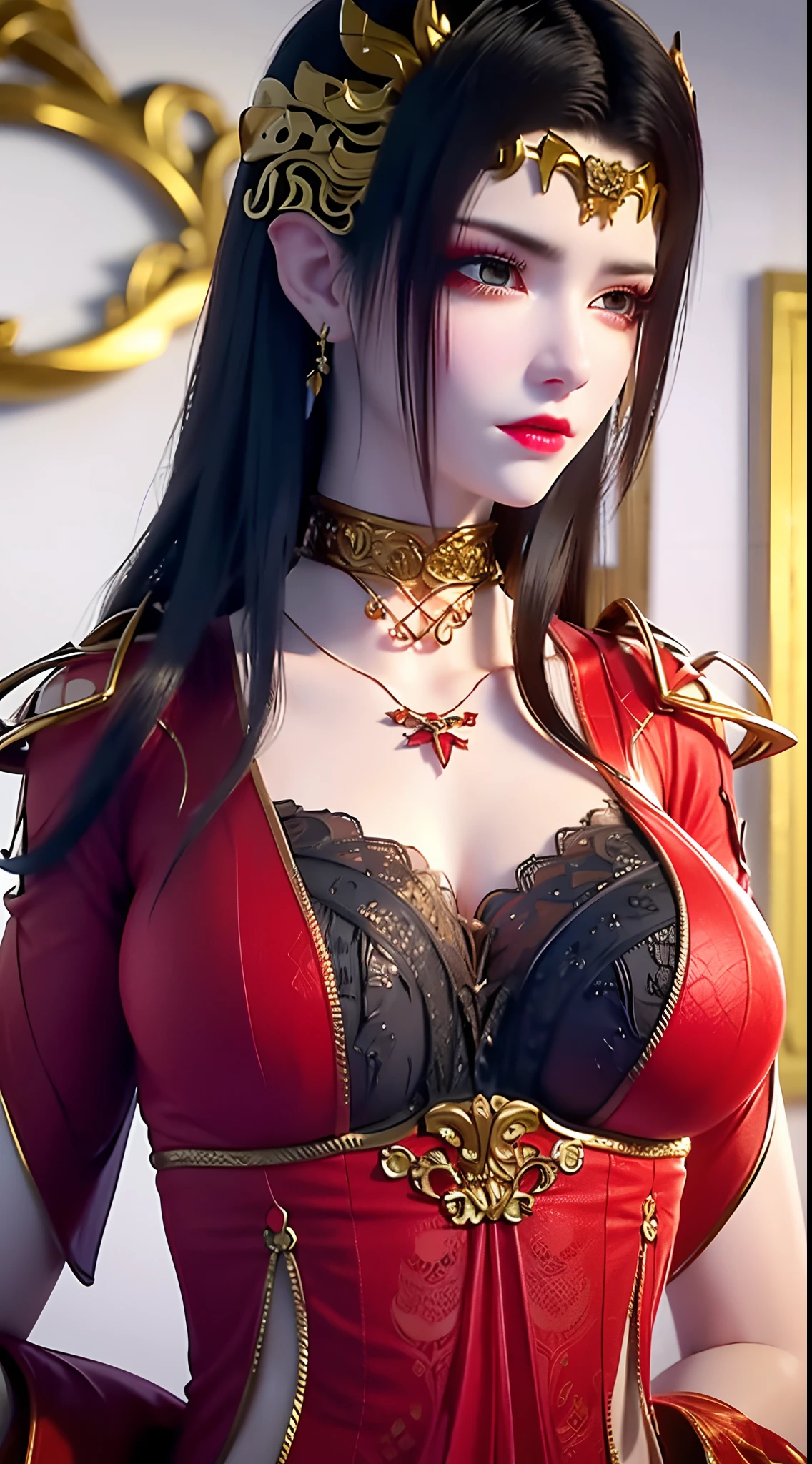 1 very beautiful queen medusha in hanfu dress, thin red silk shirt with many yellow motifs, black lace top, long hair dyed black, beautiful hair jewelry, pretty face pretty and cute, perfect face, earring jewelry, head and hair jewelry, antique jewelry, big red eyes, sharp eye makeup, meticulous makeup eyelashes, thin eyebrows, nose tall, pretty red lips, no smile, pursed lips, rosy cheeks, breast augmentation, wide breasts, big breasts, well-proportioned breasts, slim waist, red mesh stockings with black lace, Chinese hanfu style, fictional art patterns, colors vivid and realistic, RAW photos, realistic photos, ultra-high quality 8k surreal photos, cool photos, (virtual lighting effects: 1.8), 10x pixels, magic effects (background): 1.8), super detailed eyes, beautiful girl body portrait, girl alone, ancient hanfu background, looking directly at the audience, wide original photo, 8k quality, super sharp, detailed and clear picture best, detailed light background,