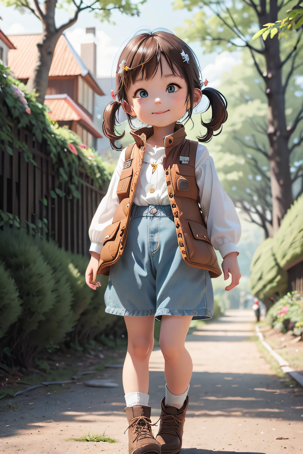 (tmasterpiece),(best qualtiy),(ultra - detailed),(full bodyesbian:1.2),1Blittle girl,Two ,tchibi,adolable,ssmile,The shirt,Laura is a girl with black hair,Soft curls on the shoulders。His eyes were big and bright,the color of honey,full of curiosity and courage。His smile was infectious,lighting up the environment around him。She had a small, Cold nose,which complemented her delicate face。Laura is short in stature,Agility,always ready to explore new places and face challenges。She is very comfortable to wear、Colorful clothes,Brown leather vest,Floral shirt and ripped jeans。On her feet,she wore sturdy hiking boots,perfect for her adventures in the woods。Laura's eyes shone with a special light,Reflecting her adventurous nature and ability to find magic around every corner。(beautiful detailed face),(美丽细致的眼睛),(tmasterpiece),(best qualtiy),(ultra - detailed),(full bodyesbian:1.2),1girll,tchibi,adolable,ssmile,The shirt,Laura is a 5 year old ht brown hair,Soft curls fall on the shoulders。His eyes were big and bright,the color of honey,full of curiosity and courage。His smile was infectious,lighting up the environment around him。She had a small, Cold nose,which complemented her delicate face。Laura is short in stature,Agility,always ready to explore new places and face challenges。She is very comfortable to wear、Colorful clothes,Brown leather vest,Floral shirt and ripped jeans。On her feet,she wore sturdy hiking boots,perfect for her adventures in the woods。Laura's eyes shone with a special light,Reflecting her adventurous nature and ability to find magic around every corner。(beautiful and detail face),(美丽细致的眼睛)。