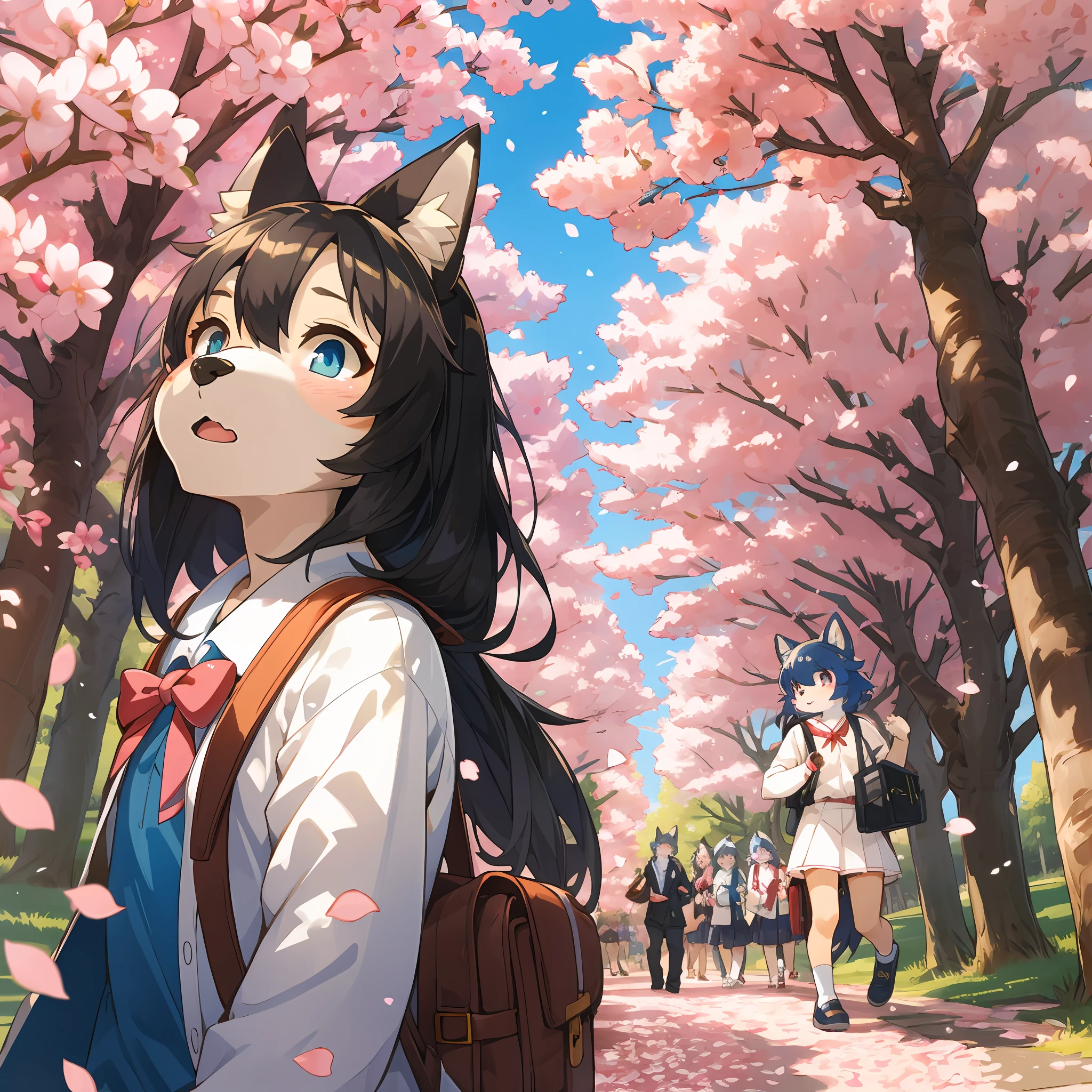 top quality, best quality, High-quality illustrations, masterpiece, super high resolution, detailed background, The cherry tree, Cherry blossom petals flutter, School Entrance Ceremony, Children carrying school bags, 6+boys, 6+girls, absurdres(highly detailed beautiful face and eyes)perfect anatomy, expression, good lighting, cinematic shadow(kemono, furry anthro)assorted poses, dynamic angle,