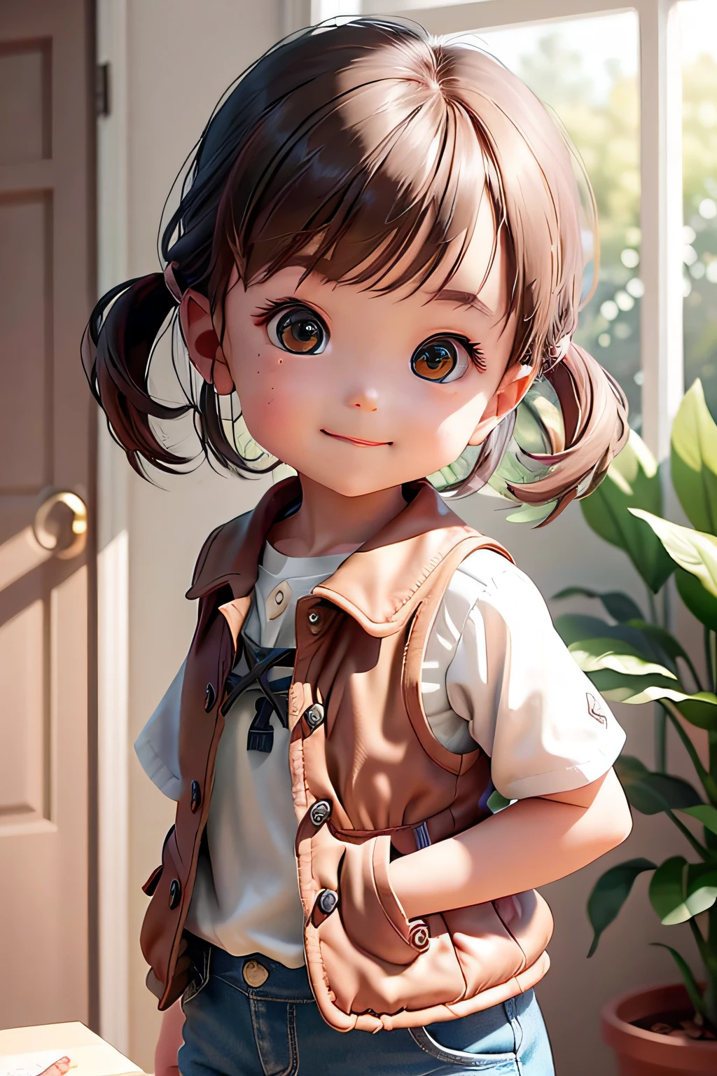 (tmasterpiece),(best qualtiy),(ultra - detailed),(full bodyesbian:1.2),1Blittle girl,Two ,tchibi,adolable,ssmile,The shirt,Laura is a girl with black hair,Soft curls on the shoulders。His eyes were big and bright,the color of honey,full of curiosity and courage。His smile was infectious,lighting up the environment around him。She had a small, Cold nose,which complemented her delicate face。Laura is short in stature,Agility,always ready to explore new places and face challenges。She is very comfortable to wear、Colorful clothes,Brown leather vest,Floral shirt and ripped jeans。On her feet,she wore sturdy hiking boots,perfect for her adventures in the woods。Laura's eyes shone with a special light,Reflecting her adventurous nature and ability to find magic around every corner。(beautiful detailed face),(美丽细致的眼睛),(tmasterpiece),(best qualtiy),(ultra - detailed),(full bodyesbian:1.2),1girll,tchibi,adolable,ssmile,The shirt,Laura is a 5 year old ht brown hair,Soft curls fall on the shoulders。His eyes were big and bright,the color of honey,full of curiosity and courage。His smile was infectious,lighting up the environment around him。She had a small, Cold nose,which complemented her delicate face。Laura is short in stature,Agility,always ready to explore new places and face challenges。She is very comfortable to wear、Colorful clothes,Brown leather vest,Floral shirt and ripped jeans。On her feet,she wore sturdy hiking boots,perfect for her adventures in the woods。Laura's eyes shone with a special light,Reflecting her adventurous nature and ability to find magic around every corner。(beautiful and detail face),(美丽细致的眼睛)。