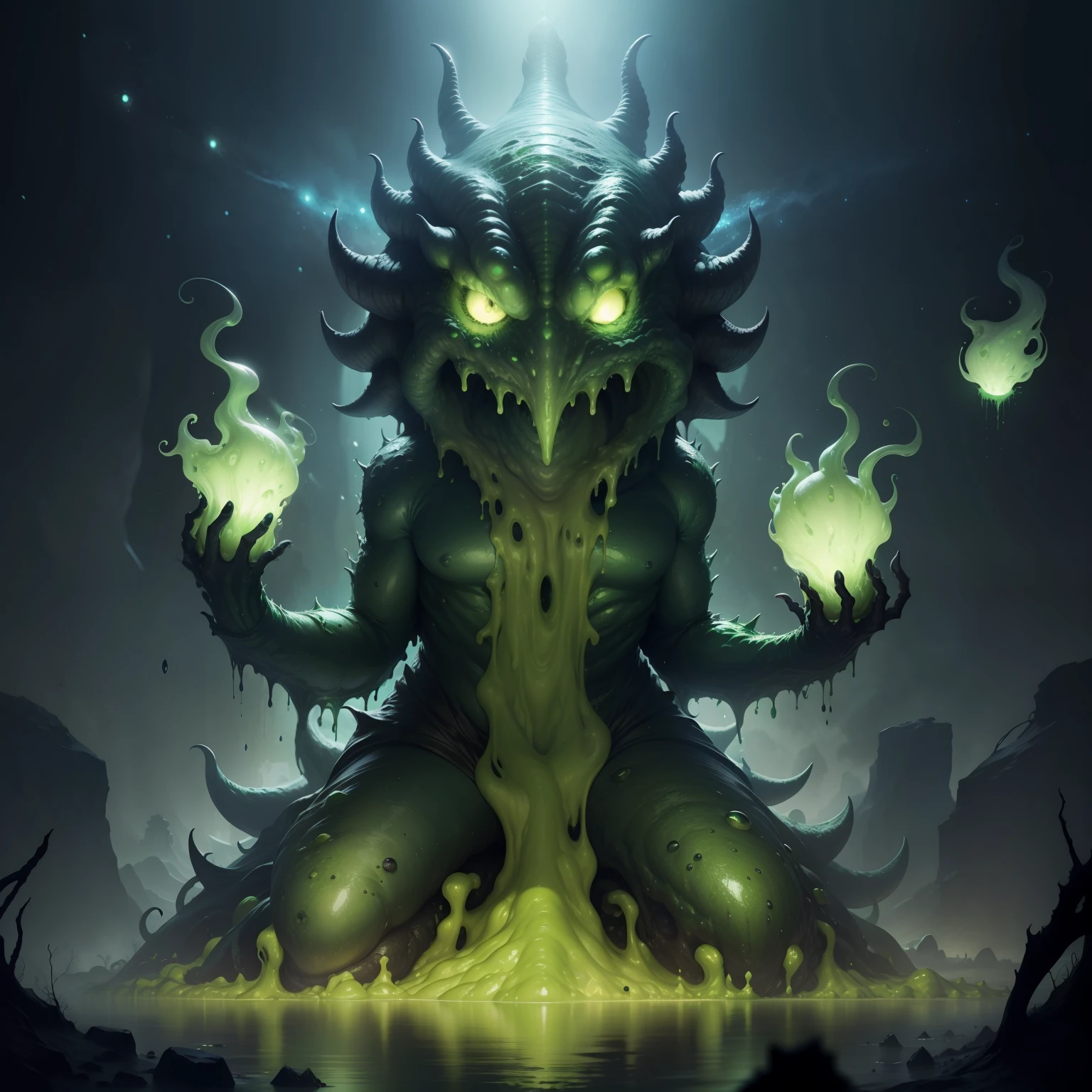 A grand and radiant green slime monster, cosmic horror. lovecraft