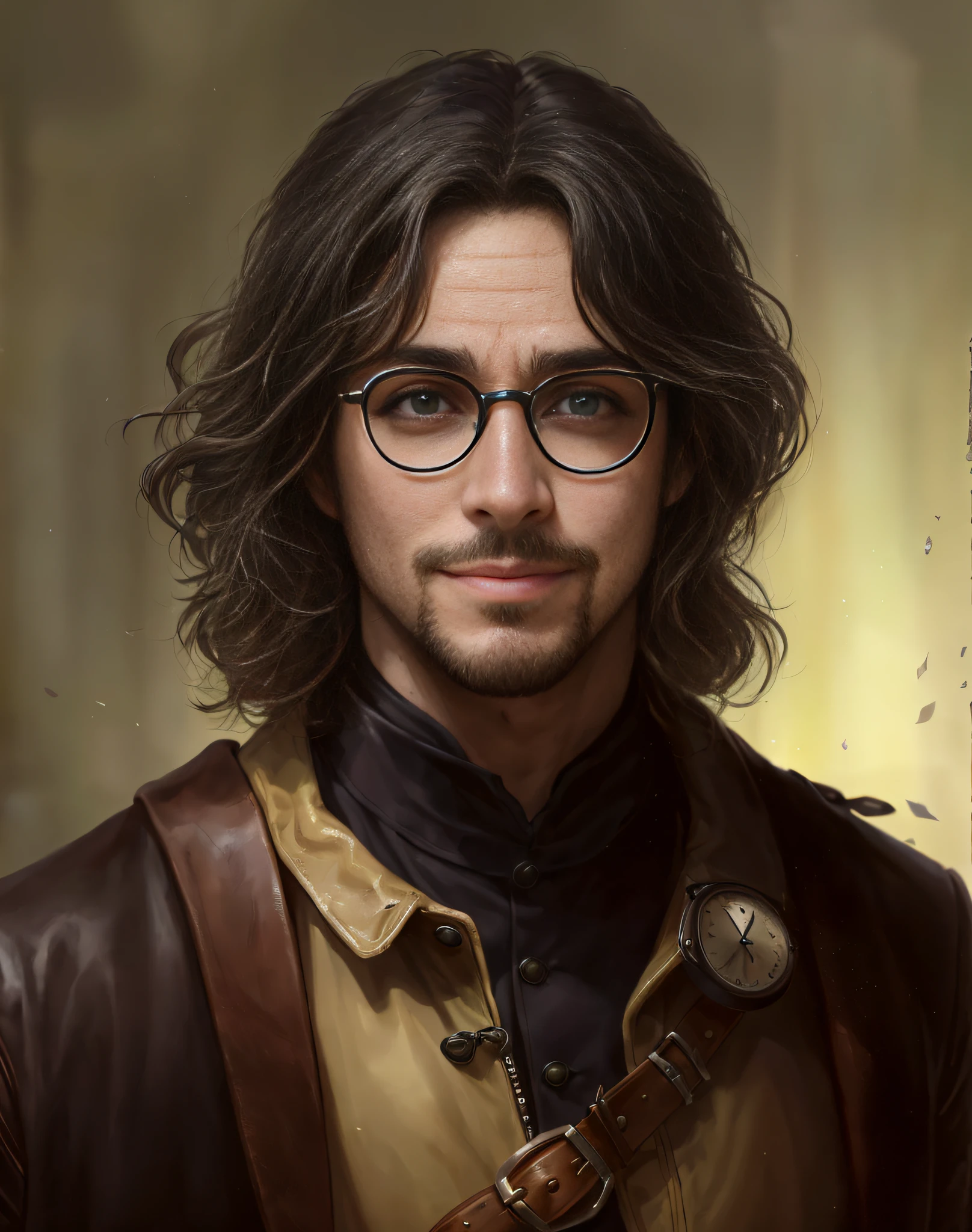 There's a man with glasses and a leather jacket, Retrato de Harry Potter, Retrato de Harry Potter, fantasy genre portrait, retrato masculino da fantasia, Retrato masculino steampunk, retrato detalhado do caractere, retrato do personagem da fantasia, Retrato de fin wildcloak, retrato da arte do personagem, RPG retrato arte conceitual, Retrato de um jovem mago elfo, arte de fantasia hiperrealista, retrato da arte do conceito do personagem, (Short Beard with Goatee on his face), ((((frown lines apparent on the forehead)))), ((smile with teeth showing)), (((26 years old))), (((((porous and imperfect skin))))), ((((protruding superciliary arcade)))), ((((((hyper realistic skin)))))), ((seductive)), ((hyper realistic eyes)), (((round glasses))), (((slime))), (((raised eyebrows)))