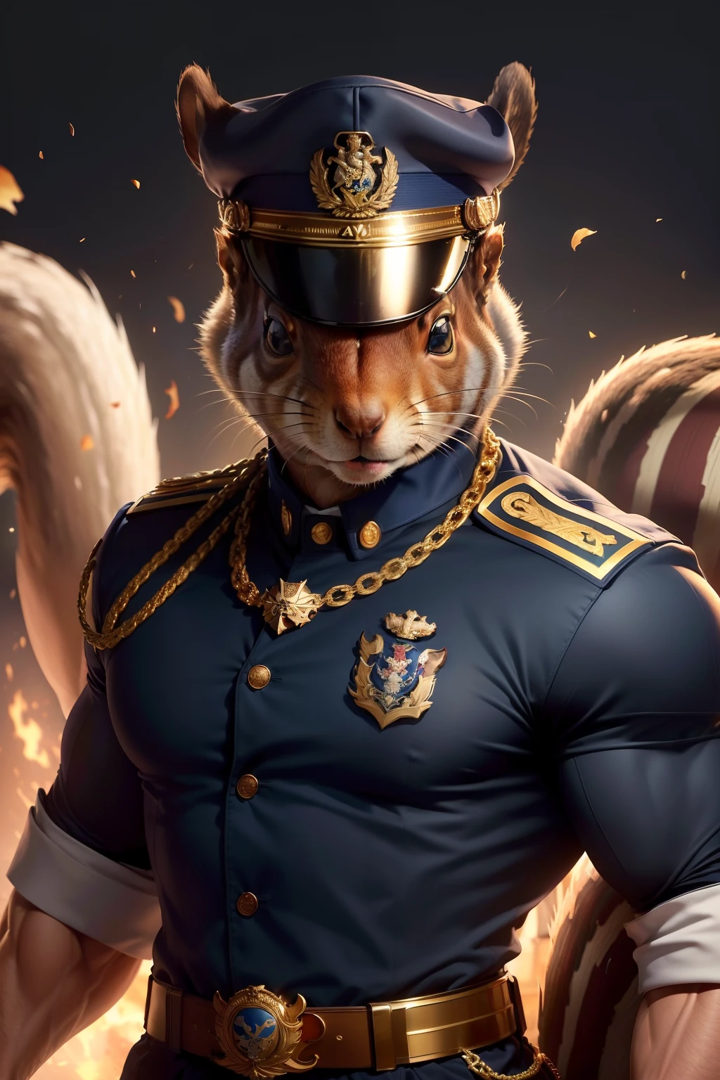 (masterpiece, high image quality), (angry, muscular squirrel), (wearing white Naval Military Uniform),(naval military cap with gold symbol),(squirrel head),(gold trim on suit), (medals on the chest), (classification symbol on the arm), (brazil flag background)