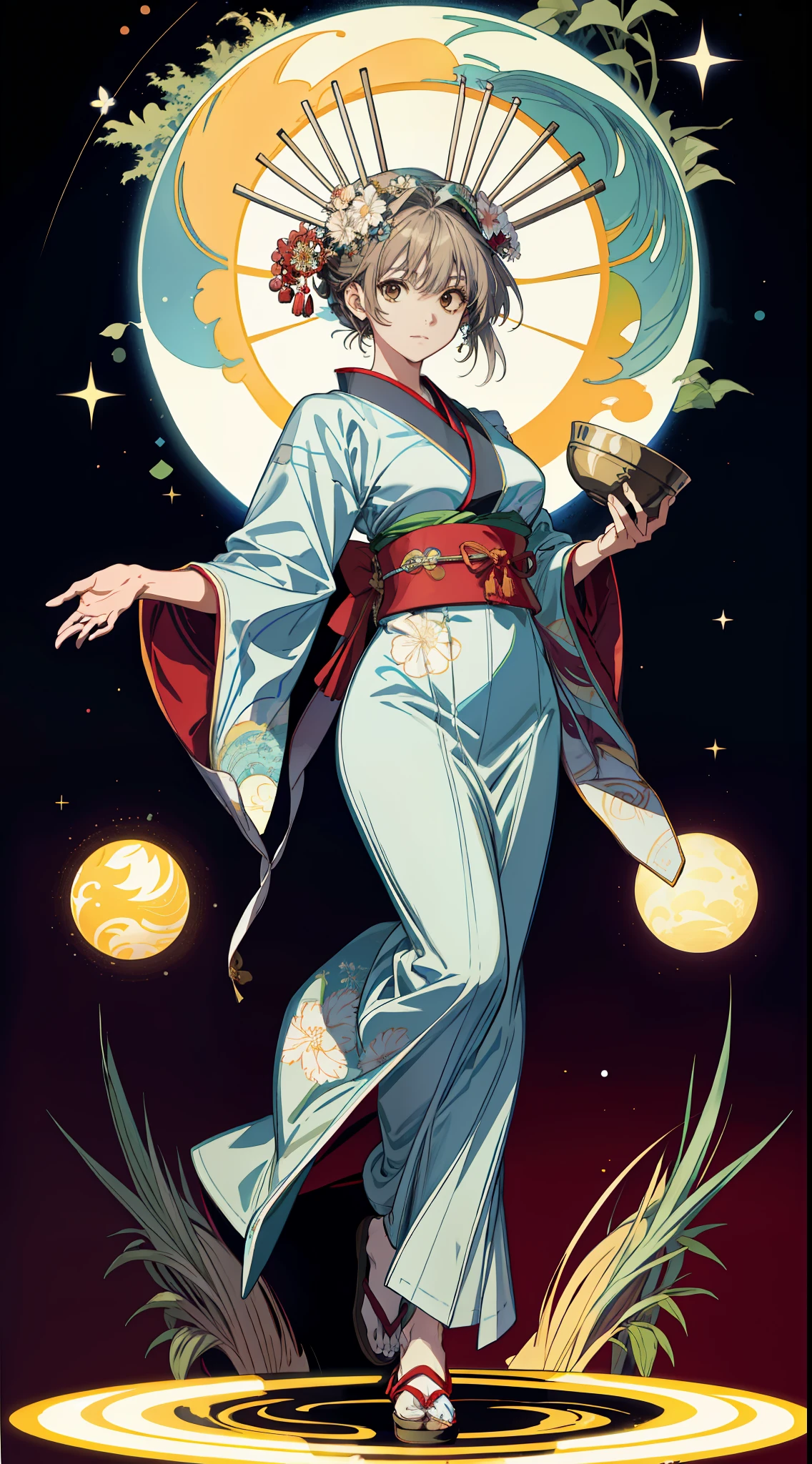 (absurderes、hight resolution、ultra-detailliert)、独奏、femele、wearing kimonos、Playing Japanese Taiko、Wearing a bowl roll on your head、Wear exposure、full body Esbian、Bold poses、large full breasts、cabelos preto e longos、Brown eyes、Festival decorations、Victorian style、a matural female、A detailed face、hut\Tarot Cards\、stele、suns、a moon、Symbolism、Visual Arts、occult、Visual Projection、pop music、art by、Alphonse Mucha、
