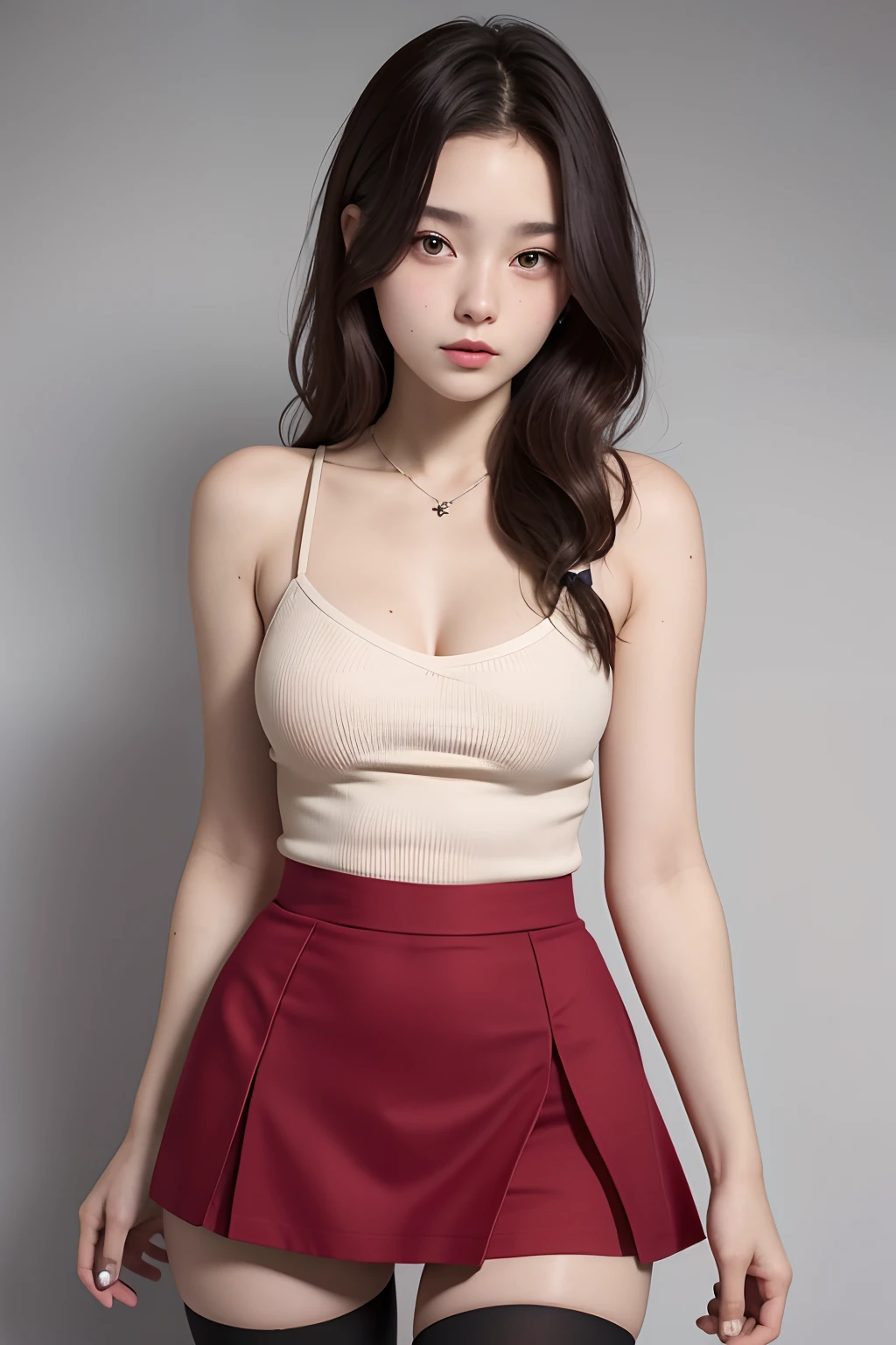 a beautiful yo Russia woman, spaghetti strap top, high waist mini skirt , detail body and face, short hair, socks thighhighs,