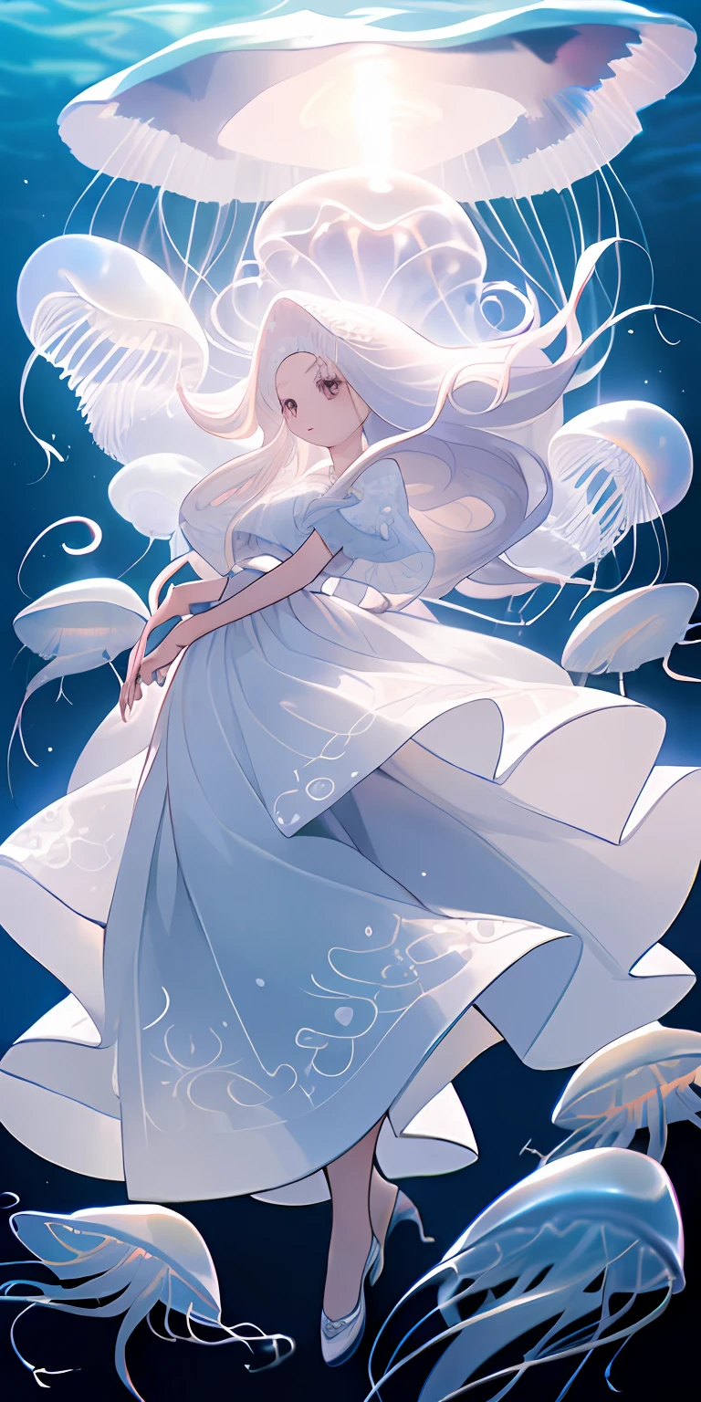 (obra maestra, mejor calidad), 1 pretty girl with long white jellyfish style hair, vestida de blanco.