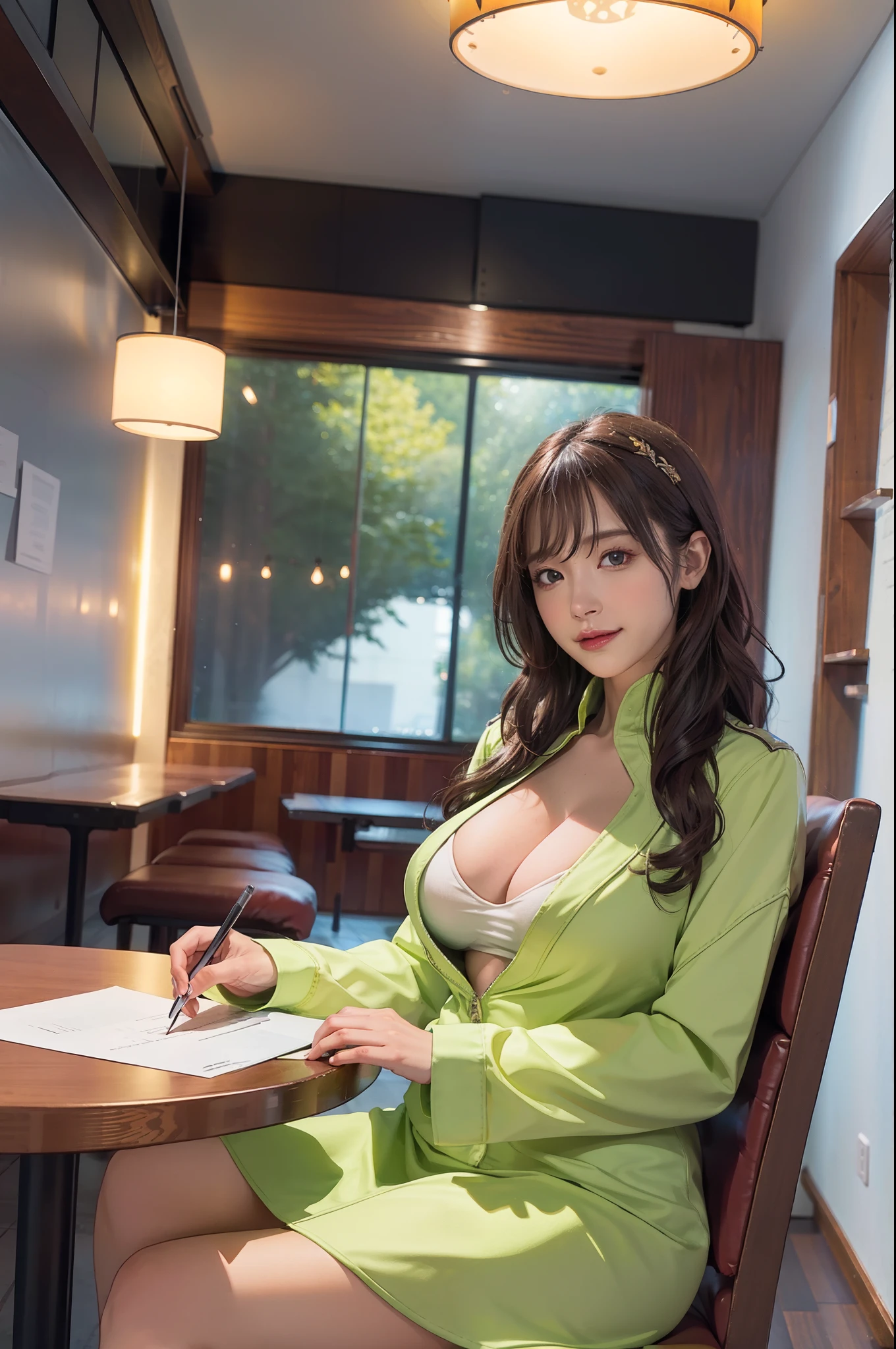 A girl studies with a laptop in a coffee shop， （Learn：1.4）， （laptop：1.4）， （Big coffee shop：1.4）， （sitted：1.4）， （Thick stature：1.4）， （cabellos largos dorados：1.4）， green-eyed， HDR（HighDynamicRange）， Ray traching， NVIDIA RTX， Hyper-Resolution， Unreal 5， sub surface scattering， PBR textures， Post-processing， Anisotropic filtering， depth of fields ，Maximum clarity and sharpness， Many-Layer Textures， Albedo e mapas Speculares， Surface Coloring， Accurate simulation of light-material interactions， rendering by octane， twotonelighting， Low ISO， White balance， trichotomy， largeaperture， 8K RAW， High-Efficiency Sub-Pixel， sub-pixel convolution， （Luminous Particle：1.4）， {{tmasterpiece， best qualtiy， extremaly detailed cg， Unity 8k壁纸， 3D， cinmatic lighting， lens flare glow}}，gigantic cleavage breasts，Colossal tits，The groove exposes the original skin