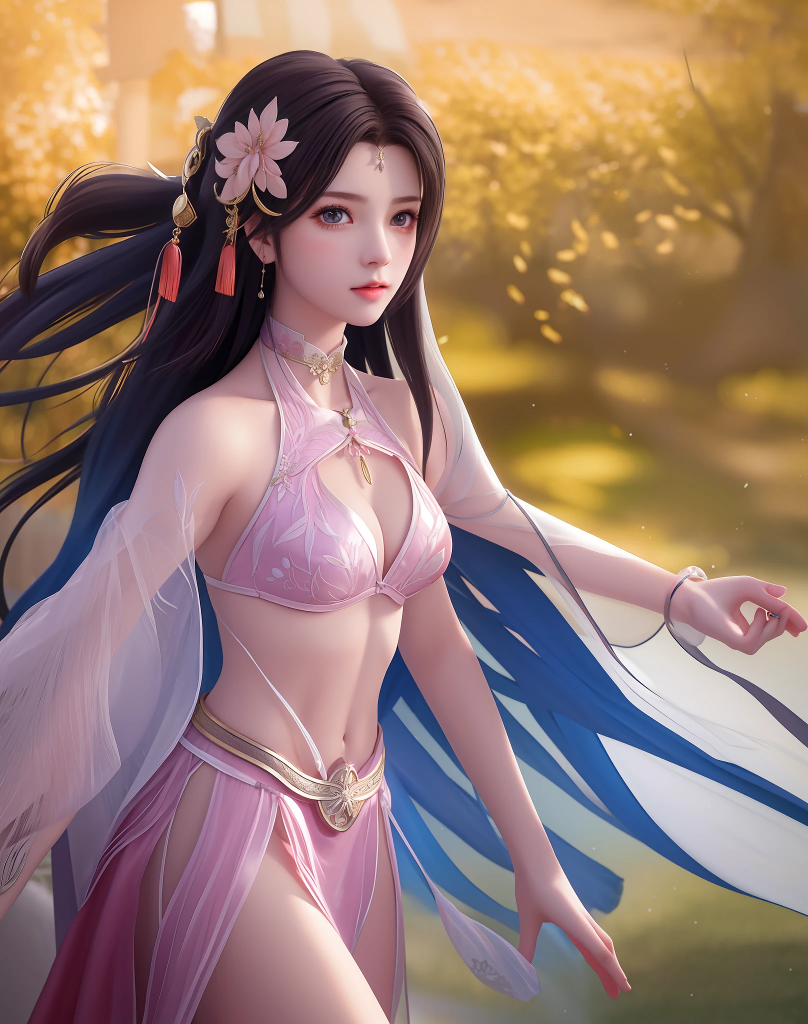 best qualtiy， tmasterpiece， A high resolution，（（（ 1girl）））， battleground background，Pink ancient Chinese transparent bikini， Cloak，Gauze clothes，metalcollar，hair adornments， choker necklace， jewely， beautiful  face， small heads，upon_body， Tyndall effect， realisticlying， edge lit， twotonelighting， （highdetailskin：1.2），tmasterpiece:1.3， 8K  UHD，Fine eyes，二重まぶた， digital SLR camera， gentle illumination， high high quality， Volumetriclighting， Frankness， photore， A high resolution， 4k， 8k， bokeh，Pink the  bikini，C cup，with light glowing，Embroidery on the chest，metal breastplate，tight-fitting，Exposing the abdomen，arma，Short wrist guards，stocklings，Lace，Beautiful Women with Perfect Figure，Capture from different angles