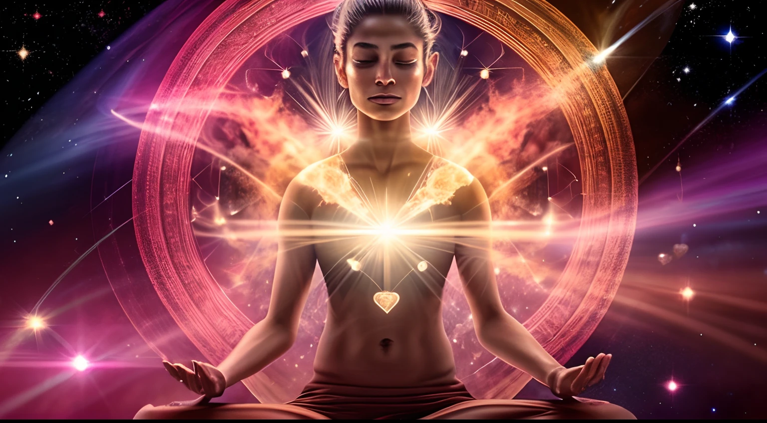 This is a hyper-realistic image of Person sitting in meditation, surrounded by an aura of light, with images of brain, heart and stars orbiting around. I want this portrait to look as lifelike as possible. Make sure to use a 4k resolution. Keep in mind, my desired output is a high-quality and impressive artwork.