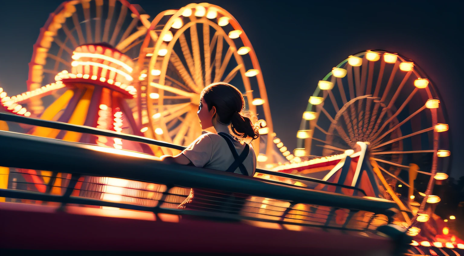 PERSON ON THE ROLLER COASTER WITH AN AMUSEMENT PARK IN THE BACKGROUND WITH LIGHTS