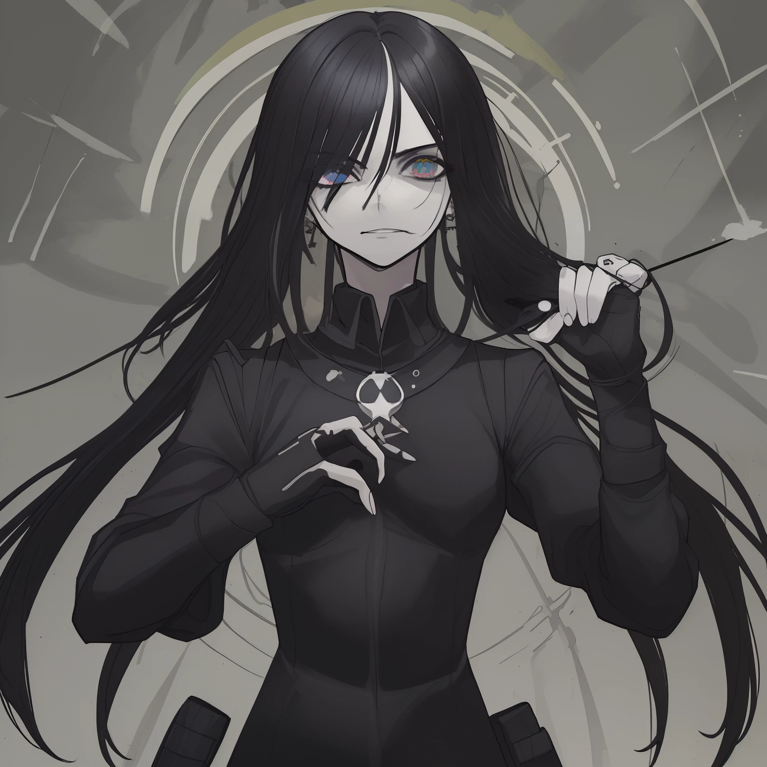 Rapaz vilanesco com sobretudo negro e detalhado, muitas armas brancas nos bolsos, cruel expression, olhar frio, cabelos pontudos, corpo esguio, olhos roxos, olhos brilhantes, villainous protagonist, dinamic poses, sorriso torto
