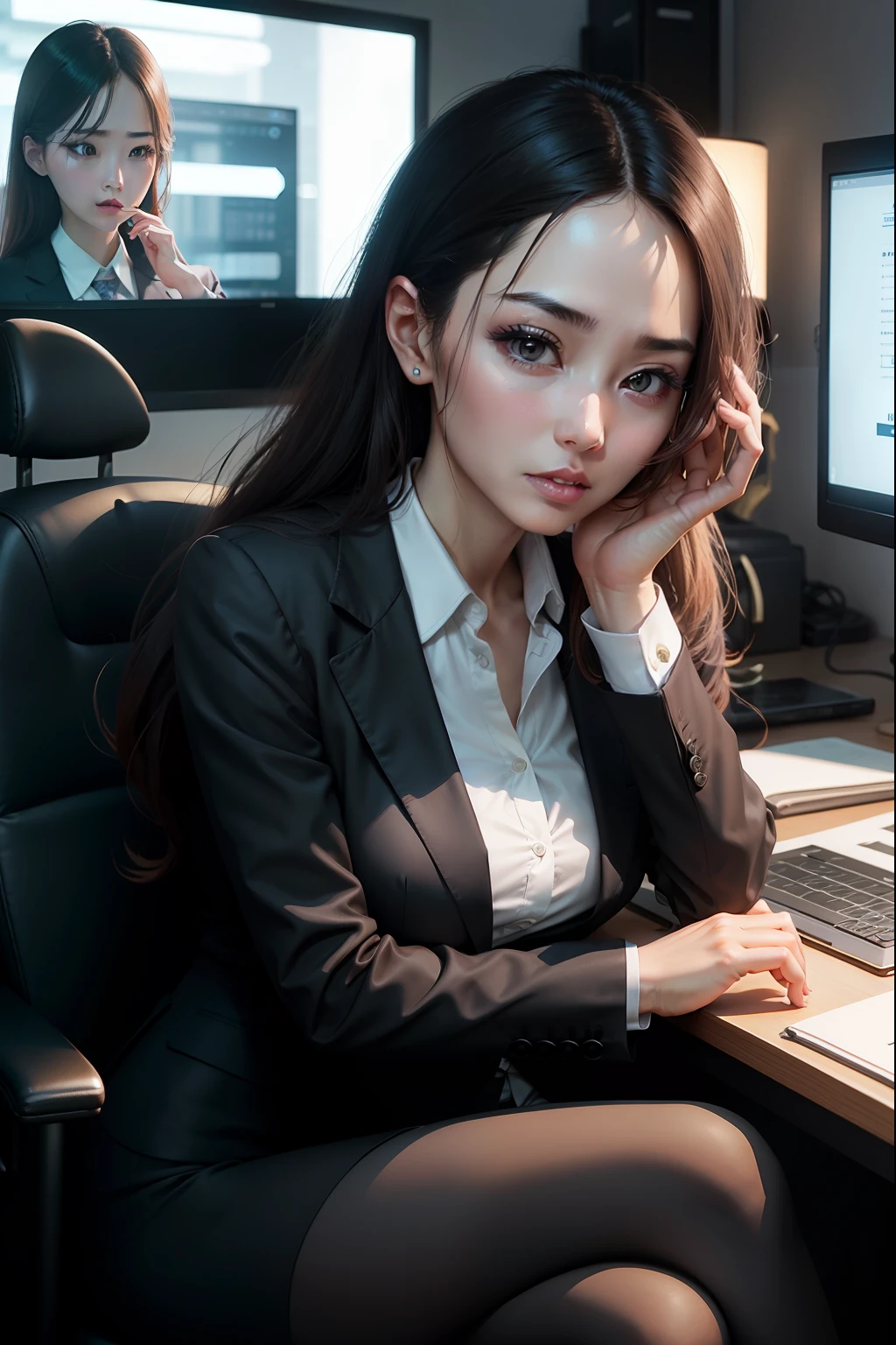 Professional women working in companies，Wear professional attire，The expression is serious，But beauty and intellectuality。The picture has a movie screen。