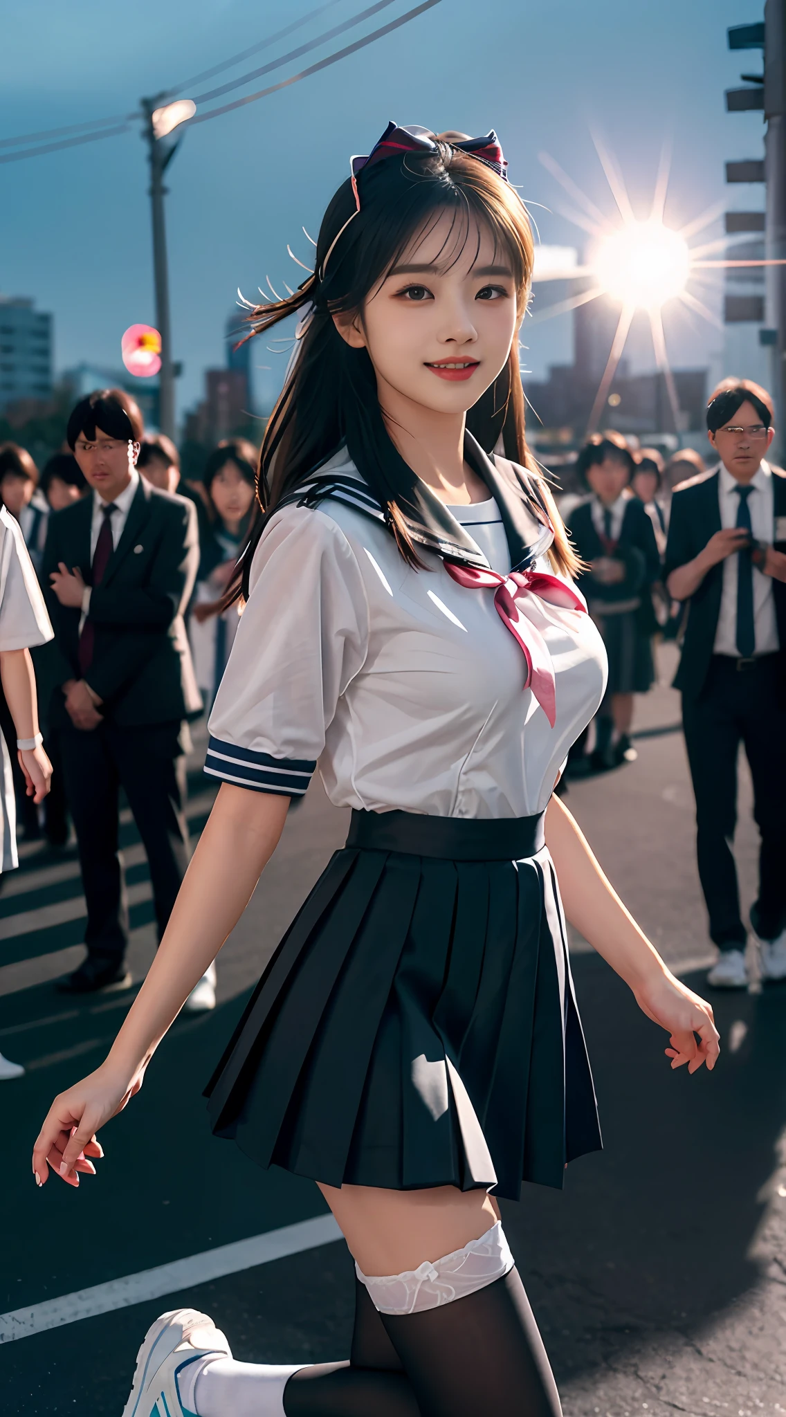 (the Extremely Detailed CG Unity 8K Wallpapers),(tmasterpiece),(best qualtiy),(ultra - detailed),(Most Best Illustration),(Best shadow),(真实感:1.6),Real human skin,lens flare glow,shadowing,Contre-Jour, blooms, depth of fields, natural lightting, hardfocus, filmgrain, looking at viewert, Asian people, Kpop idol:1.2,Kizi, ar old, Single, being thin, Soft lips, (light frow:1.4), Shiny brown eyes, short black straight hair, Large breasts,Lingerie with a slinger, perfect bodies,Beautiful Details Sky, street(crowd:1.2), Night, (nose blush),美丽细致的眼睛,White Japan school uniform,a sailor suit,a black pleated skirt,white stockings,athletic sneakers,cheerfulness,ssmile,wearing hair bow