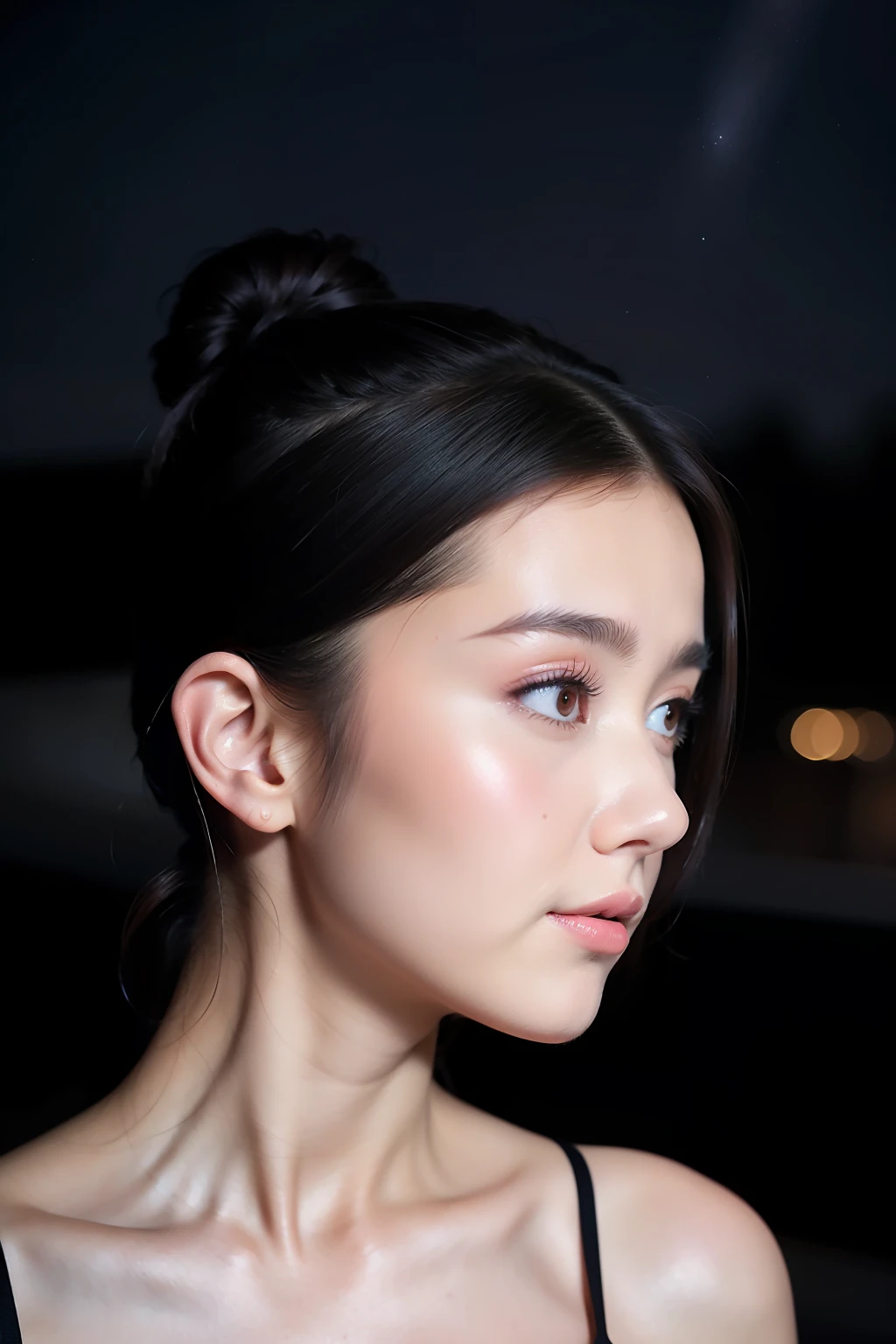 masutepiece, Best Quality, 1girl in, profile, Ponytail, updo hair, nape of neck, Pink lips, slightly upturned nose, long eyelashes, Realistic skin texture, alluring face, Blurred, background starry sky,A dark-haired