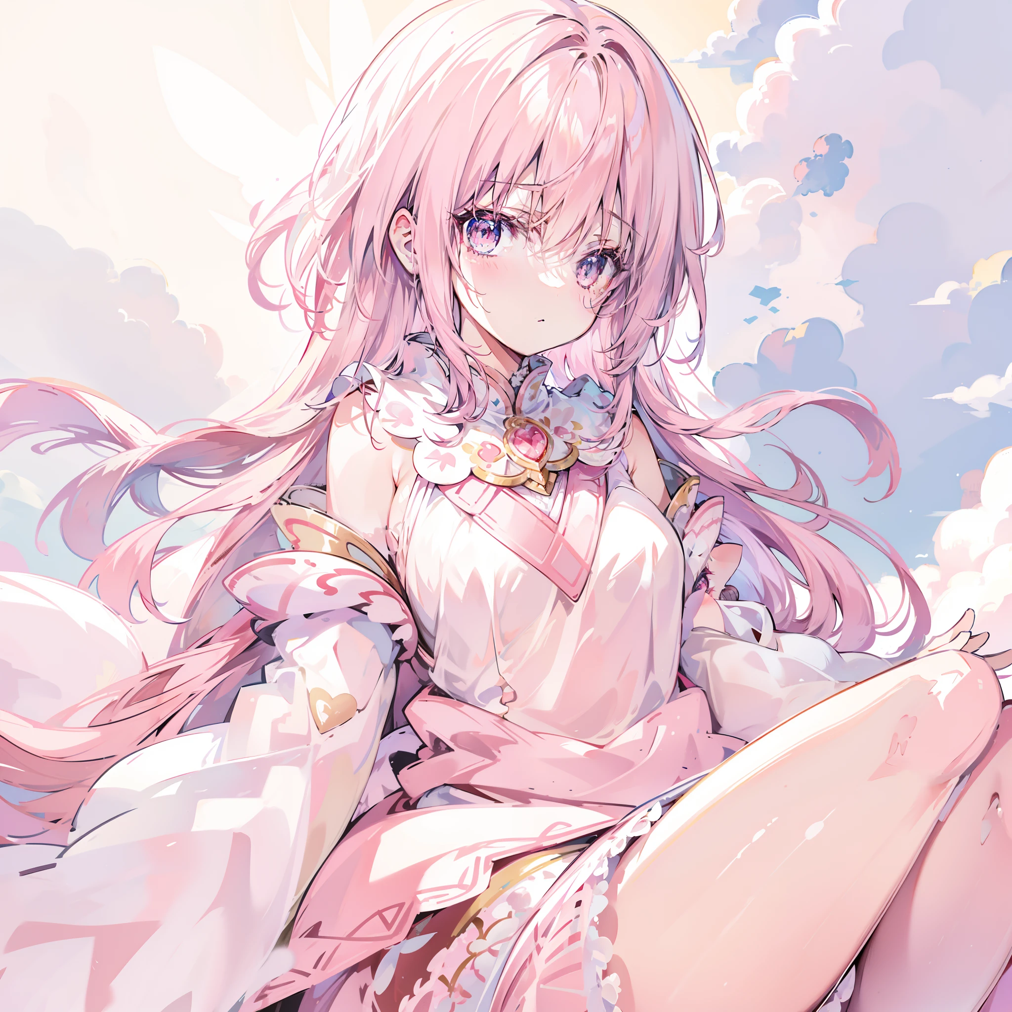 Fantastic background on clouds，with pink hair，Red pupils，Soft and creamy white clothes，There are pink shawls，It has a cute and milky big collar，Cute  girl，Two-dimensional style