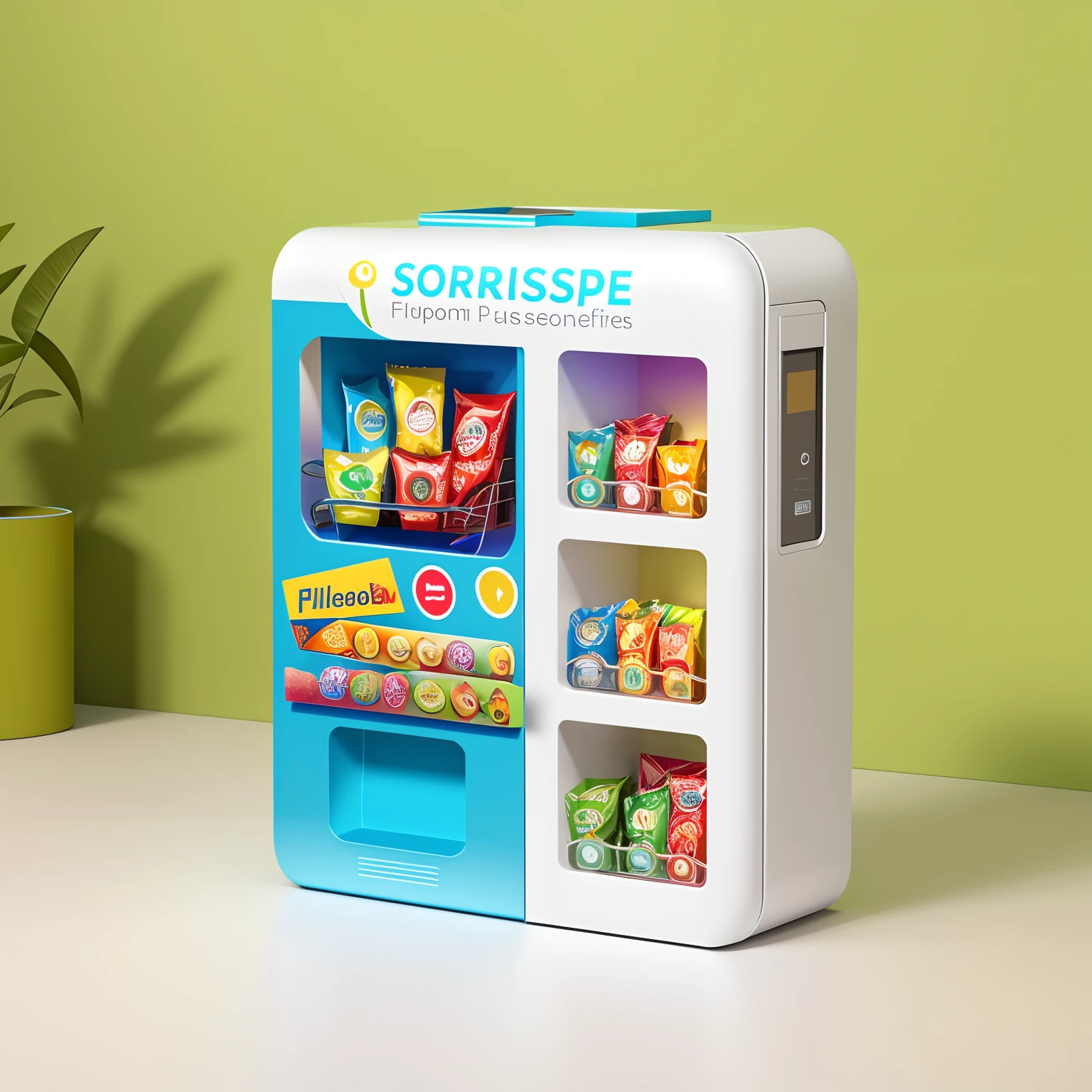 Close-up of the drink, Snacks, etc. With display，The body has a series of elements such as comprehensive snacks，vending machines，sci-fi vending machine，3D product render，Some are more specific, Descriptive scenarios may appear on the computer，por exemplo, Someone went to the vending machine and bought something，Or describe the purchase of comprehensive household items，Some combinations of foil scene elements， Product rendering，Stylistic references attract attention，Bright，A representative element of sunshine fashion，There are reasonable elements on the fuselage，The overall color is mainly white and blue，Color distribution is 50 each%Wish there were more elements，A little diversified，Fewer colors